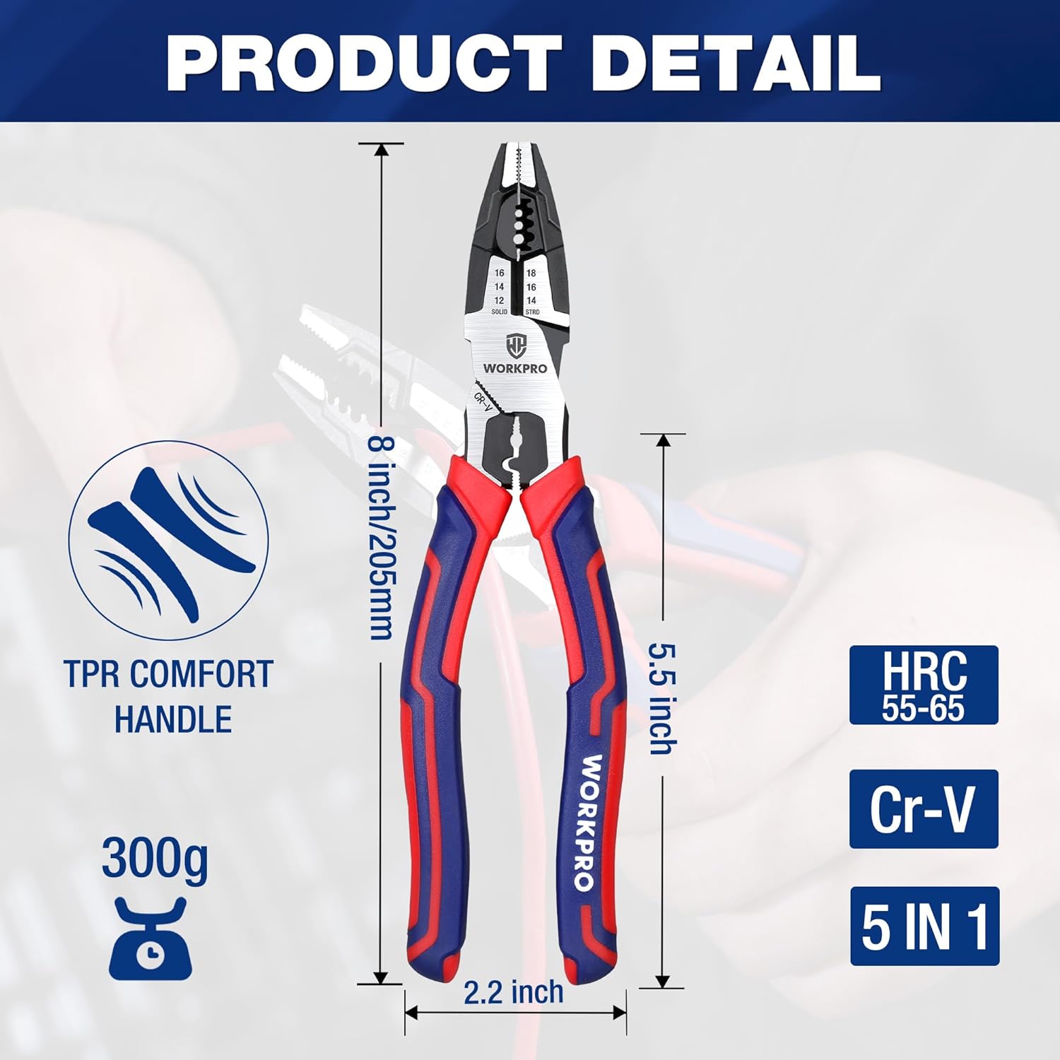 WORKPRO 6-in-1 Linesman Pliers with Wire Cutter and Stripper, 8 Inch Multipurpose Combination Pliers, Premium CRV Steel Hand Tool Plier for Twisting Cutting Wires and Clamping Screws