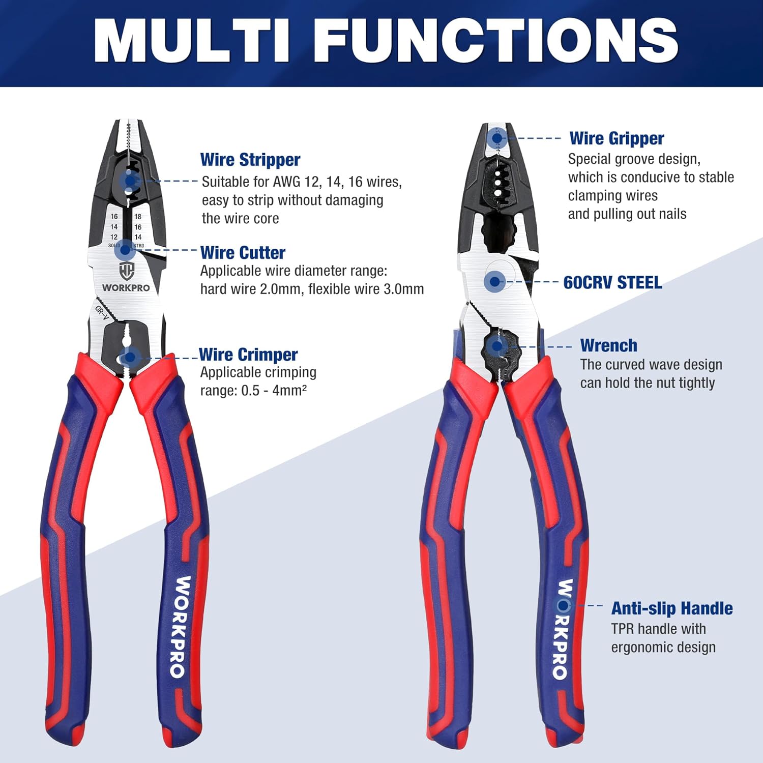 Alternative view of WORKPRO 6-in-1 Linesman Pliers with Wire Cutter and Stripper, 8 Inch Multipurpose Combination Pliers, Premium CRV Steel Hand Tool Plier for Twisting Cutting Wires and Clamping Screws