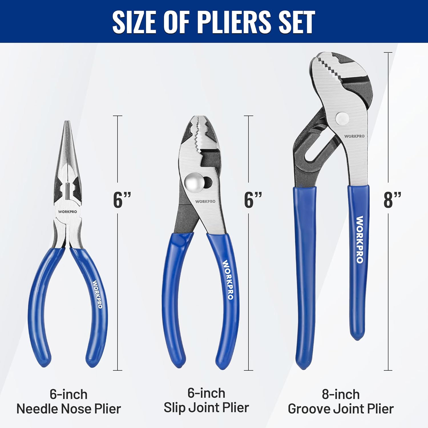 WORKPRO Pliers Set, 3-Piece Plier Tool Set with Soft Handle, 6" Needle Nose, 6" Slip Joint, 8" Groove Joint Plier for DIY & Home Use