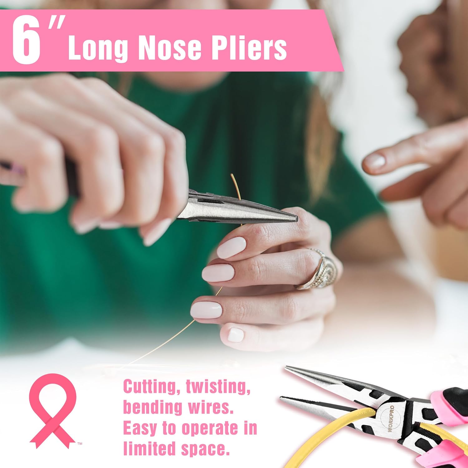 Alternative view of WORKPRO 3-Piece Pliers Set, Pink Tool Set Including Needle Nose & Diagonal Cutting & Slip Joint Pliers for Plumbing, Automotive and General Applications - Pink Ribbon