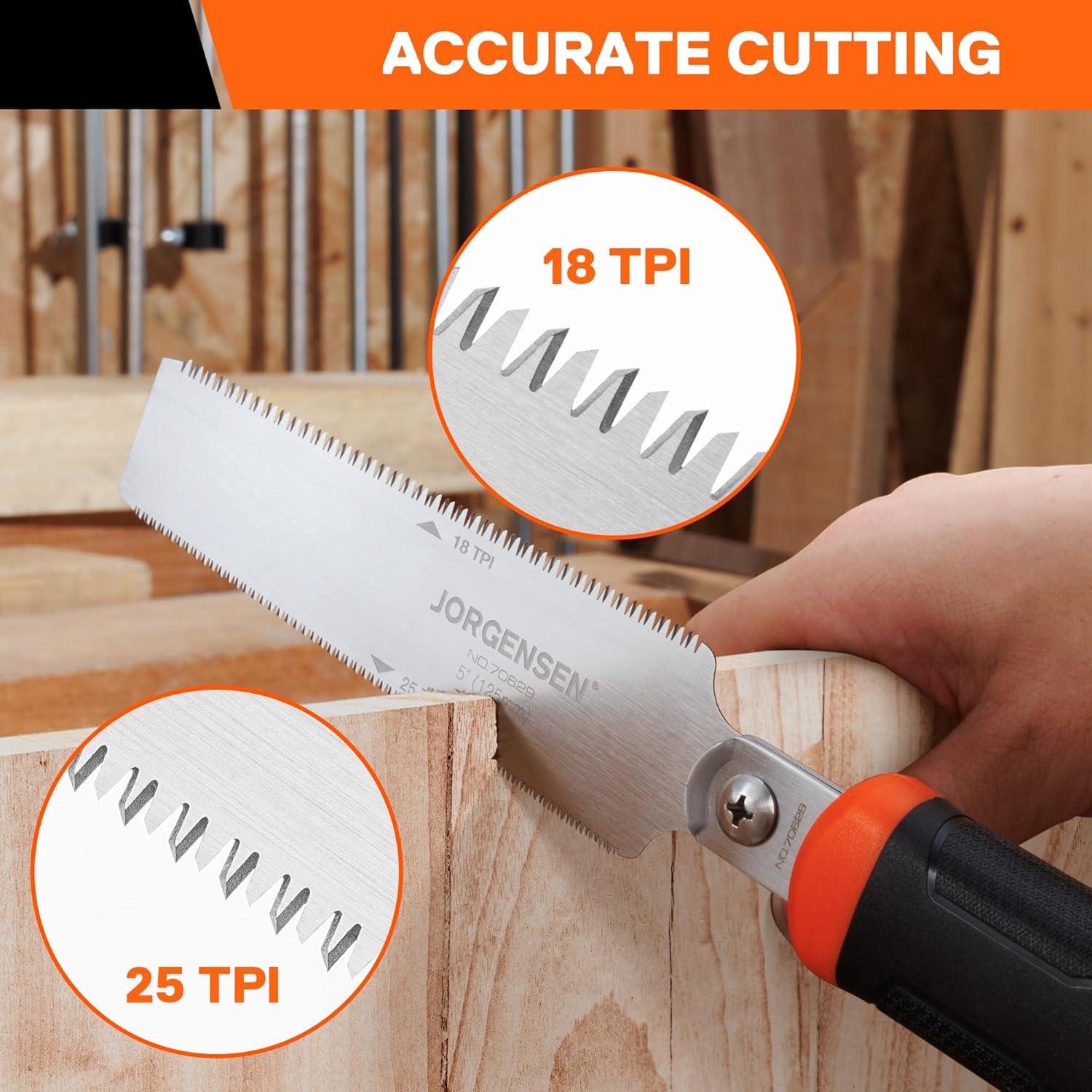 Alternative view of JORGENSEN Japanese Flush Cut Saw, 5 Inch Pro Double Edge Pull Saw, SK5 Flexible Blade Wood Handsaw, 18/25 TPI Blade with Soft Grip Handle for Hardwood & Softwood Woodworking, Wood Trim