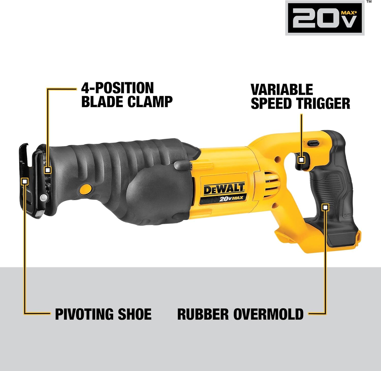 Alternative view of DEWALT 20V MAX Reciprocating Saw, 3,000 Strokes Per Minute, Variable Speed Trigger, Bare Tool Only (DCS380B), Yellow
