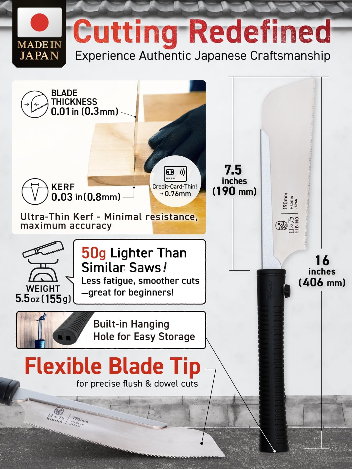 HIBINO Japanese Pull Saw 7.5u201D Kataba Hand Saw | Fine Crosscut Teeth | Lightweight, Single-Edge Blade for Precision Woodworking, Joinery & Detail Projects | Replaceable Blade | Made in Japan