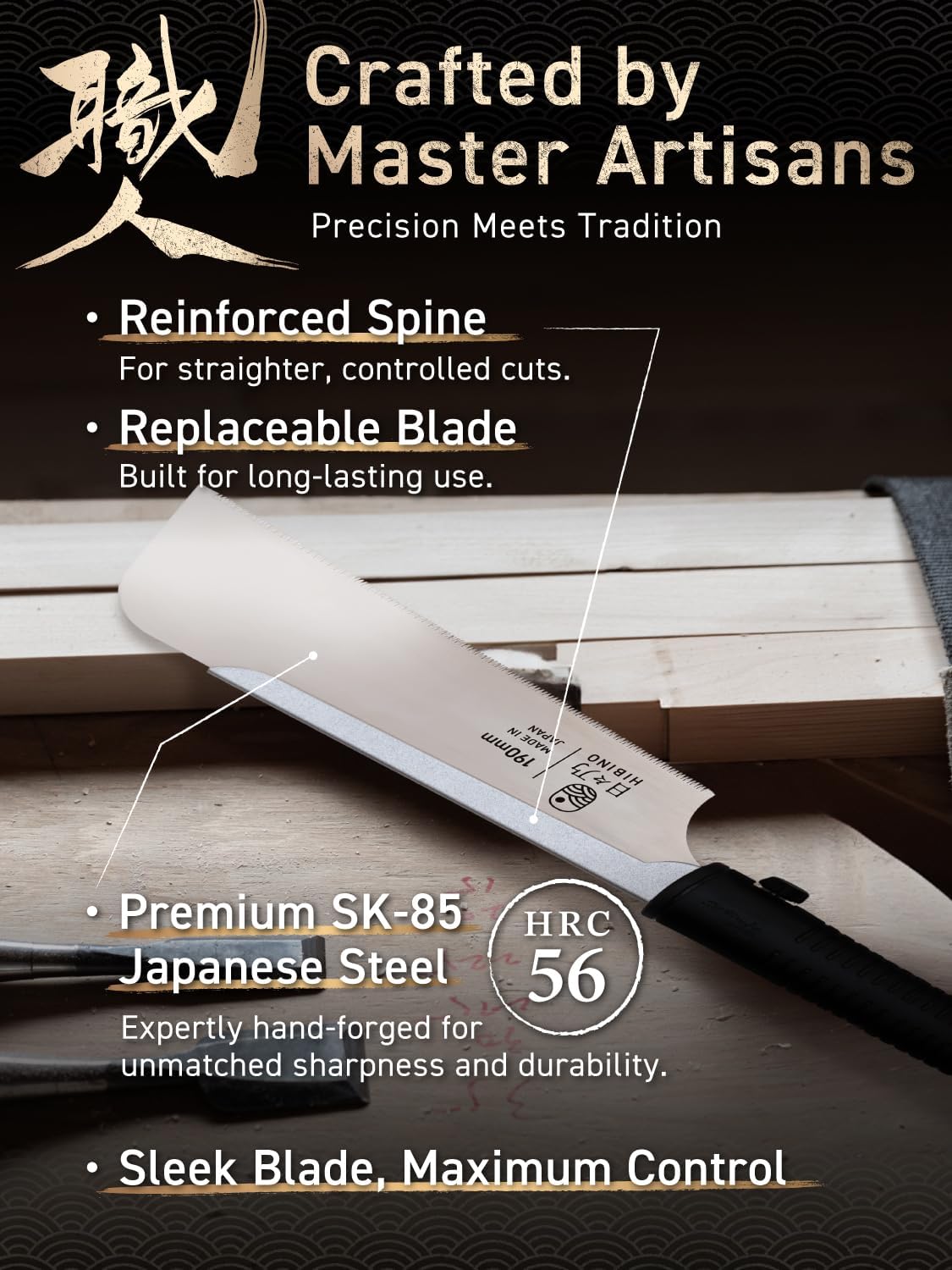 Alternative view of HIBINO Japanese Pull Saw 7.5u201D Kataba Hand Saw | Fine Crosscut Teeth | Lightweight, Single-Edge Blade for Precision Woodworking, Joinery & Detail Projects | Replaceable Blade | Made in Japan