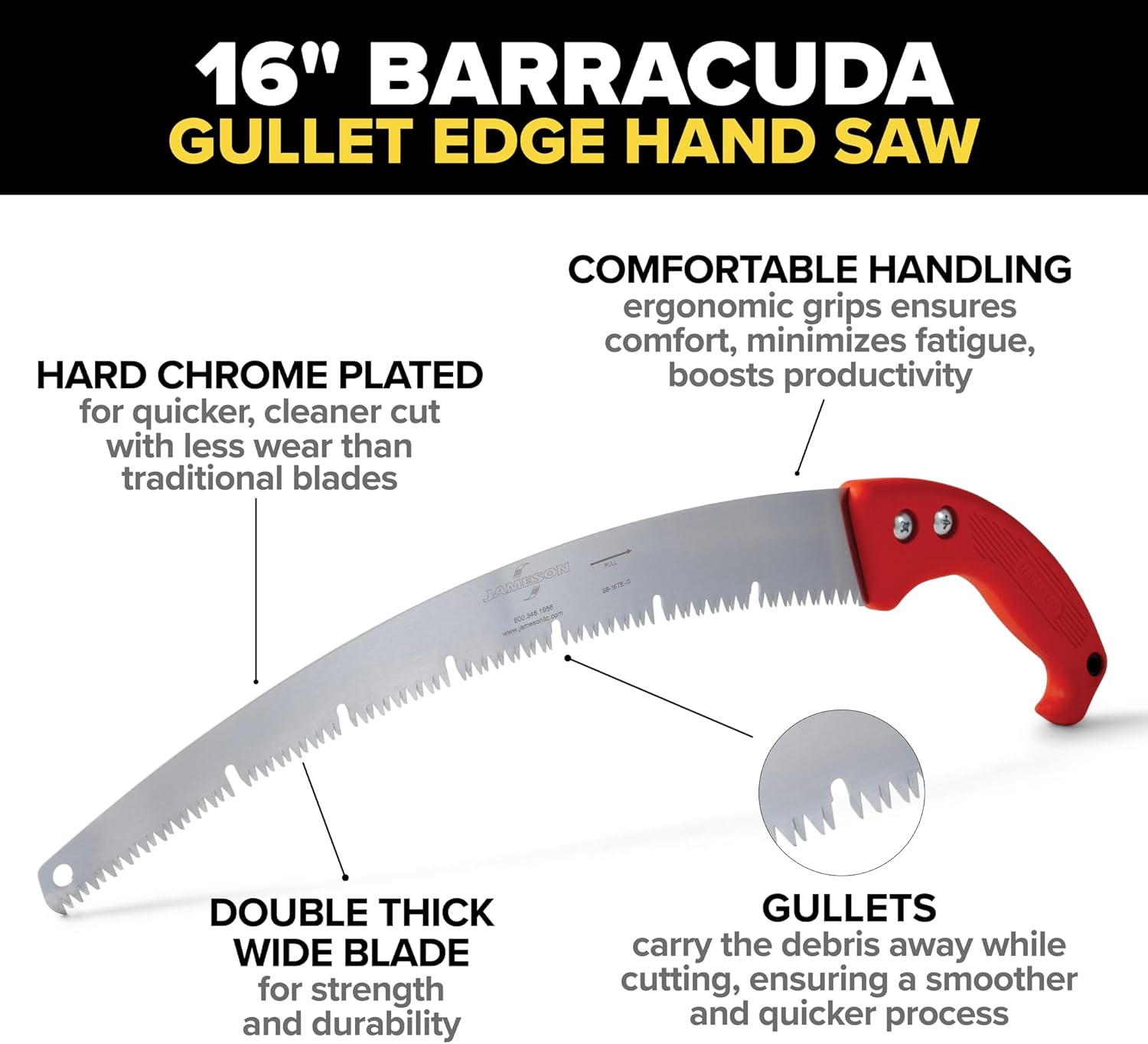Jameson Barracuda™ Tri-Cut Gullet Edge Hand Saw – 16-Inch Ultra-Sharp Blade, Ergonomic Soft Grip Handle, Impulse-Hardened Teeth for Efficient & Clean Cutting