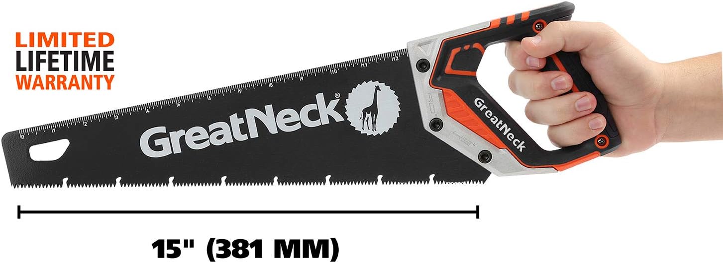 GreatNeck 74003 15" Hand Saw, SK-5 Steel Blade, Tri-Bevel Teeth, Comfort Grip, Aluminum Frame u2013 Wood Cutting Tool for Precise, Fast Cuts