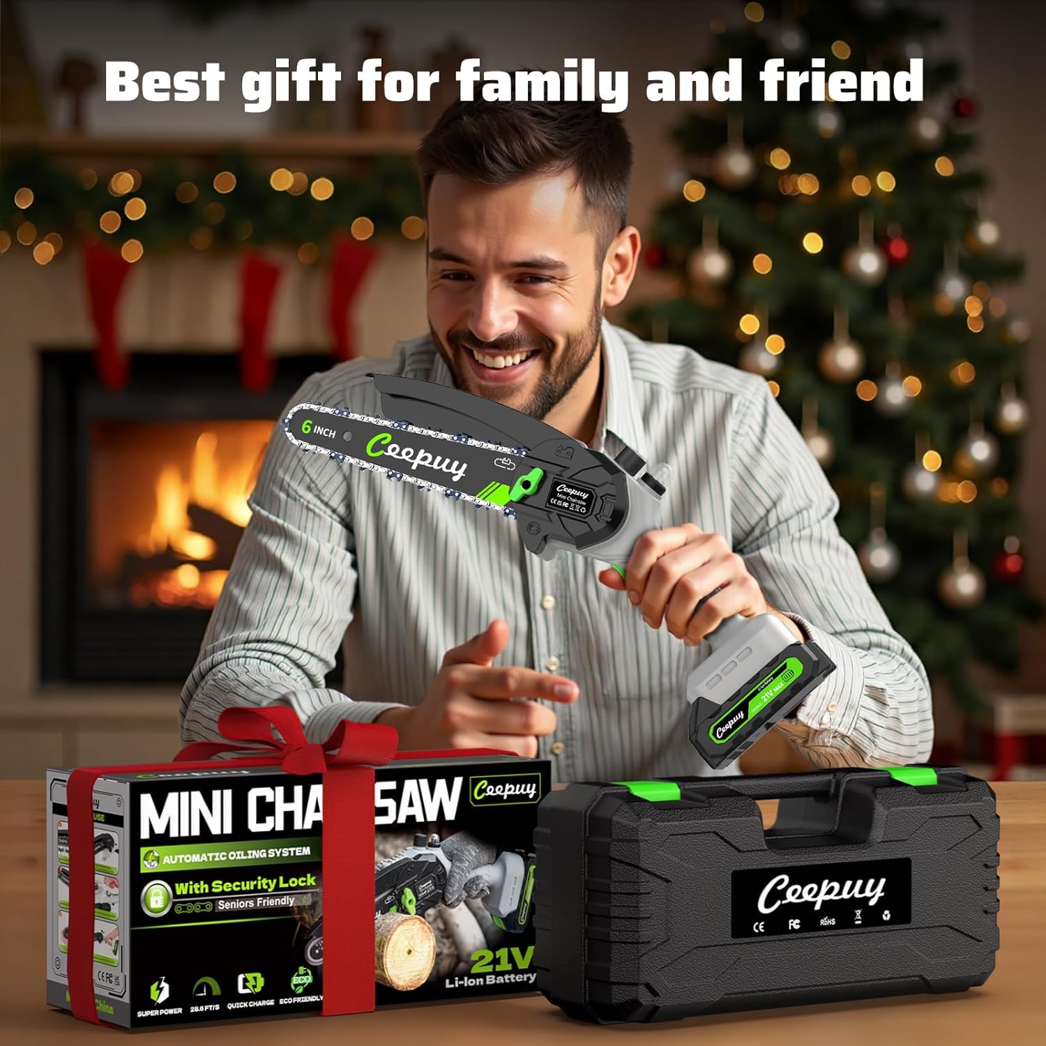 CEEPUY Mini Chainsaw Cordless,6 Inch Portable Electric Chainsaw with Automatic Oiler/Security Lock/Battery Powered Small Handheld Saw for Trees Branches Trimming,Wood Cutting, Gifts for Men Women