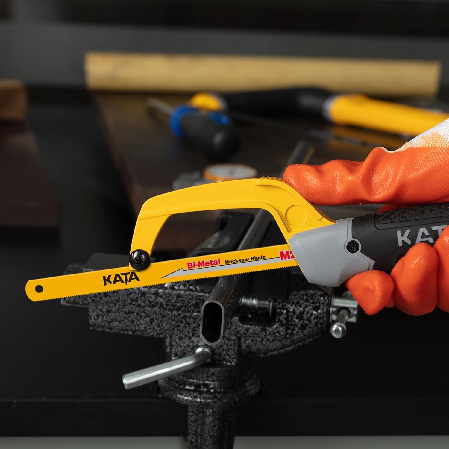 KATA Mini Hacksaw for Metal Cutting, Compact Hand Hack Saw Tool with 10 Inch Aluminum Frame and 2 Piece Extra Flexible Bi-Metal HSS Saw Blades, Small Handsaw Cutter for Wood, PVC, Iron, Copper