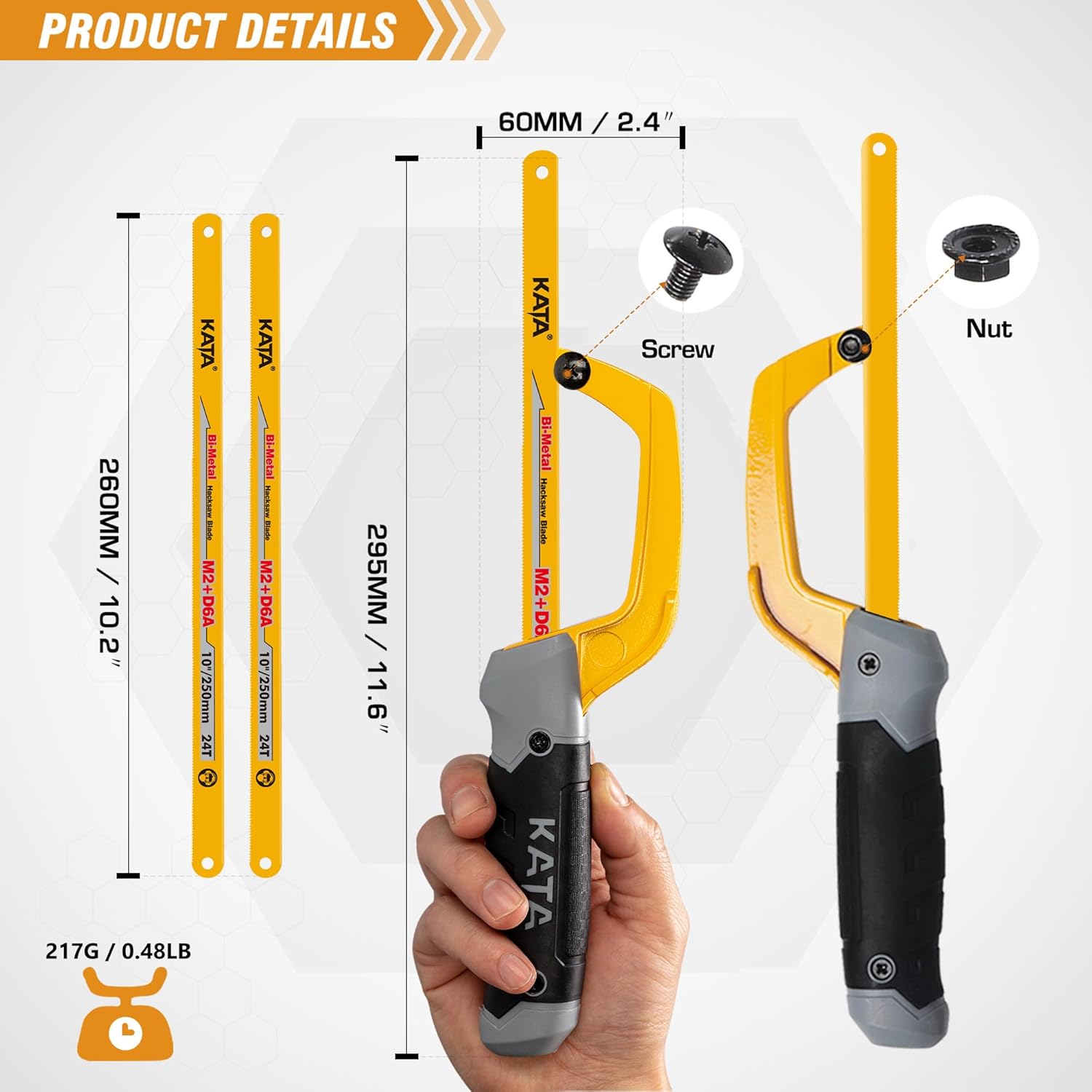 Alternative view of KATA Mini Hacksaw for Metal Cutting, Compact Hand Hack Saw Tool with 10 Inch Aluminum Frame and 2 Piece Extra Flexible Bi-Metal HSS Saw Blades, Small Handsaw Cutter for Wood, PVC, Iron, Copper