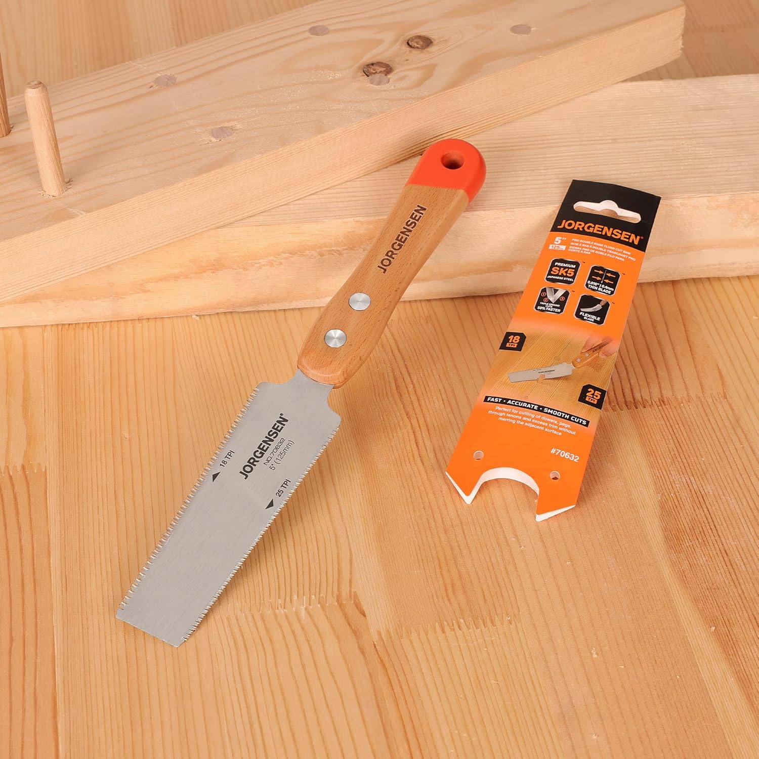 JORGENSEN Japanese Flush Cut Saw, 5 Inch Beech Handle Pull Saw, SK5 Flexible Double Edge Blade, 18/25 TPI Japanese Handsaw for Hardwood & Softwood Woodworking, Cutting, Trim Flush