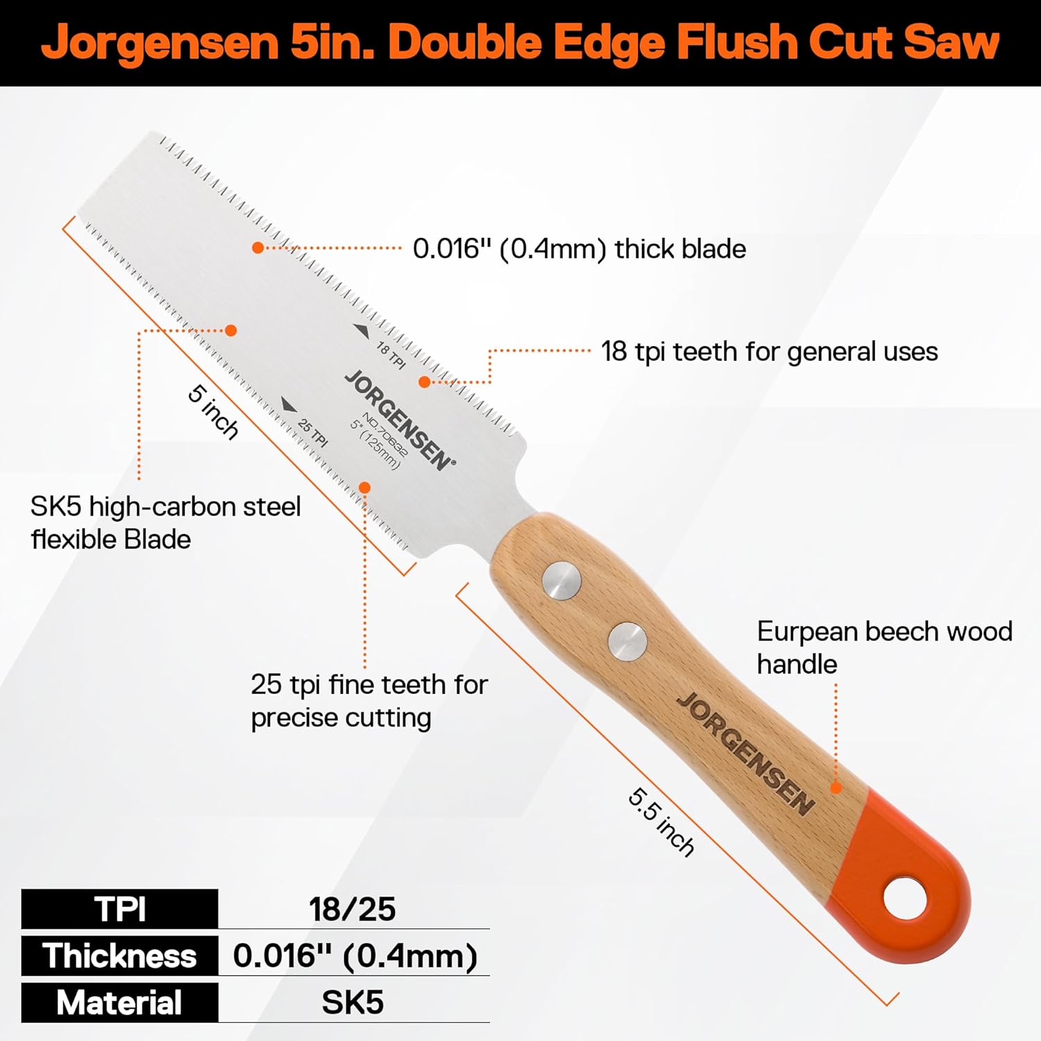 Alternative view of JORGENSEN Japanese Flush Cut Saw, 5 Inch Beech Handle Pull Saw, SK5 Flexible Double Edge Blade, 18/25 TPI Japanese Handsaw for Hardwood & Softwood Woodworking, Cutting, Trim Flush