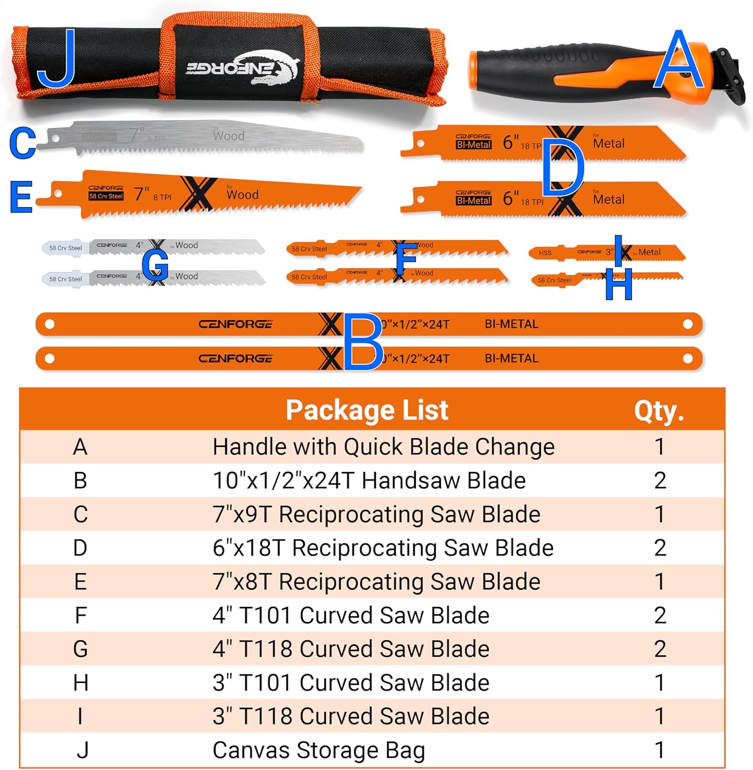13-Piece Multi-Purpose Hand Saw Set - Manual Reciprocating Saw Handle with 12 Assorted Blades - Portable Jab Saw Kit for Wood, Metal, Drywall, Plastic & Pruning - Includes Storage Pouch
