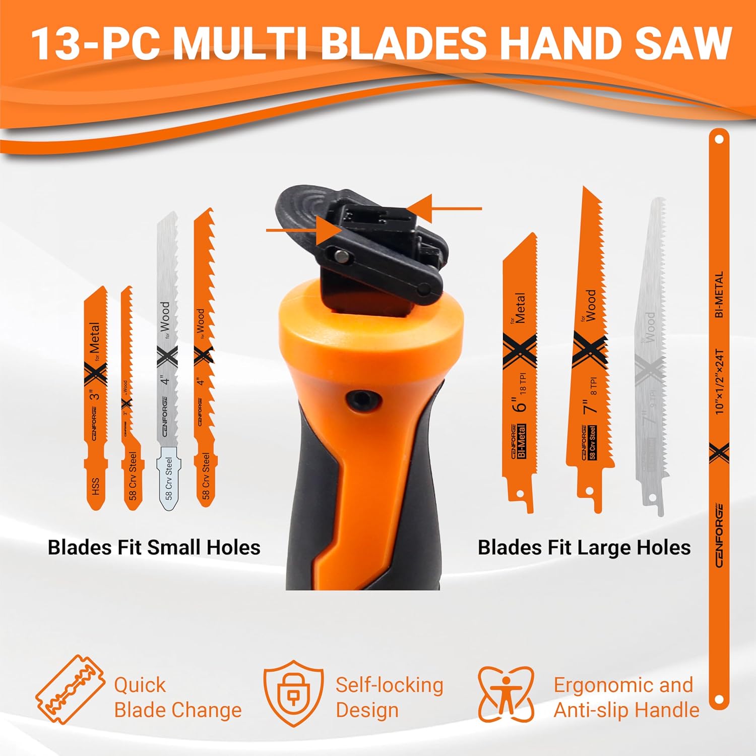 Alternative view of 13-Piece Multi-Purpose Hand Saw Set - Manual Reciprocating Saw Handle with 12 Assorted Blades - Portable Jab Saw Kit for Wood, Metal, Drywall, Plastic & Pruning - Includes Storage Pouch