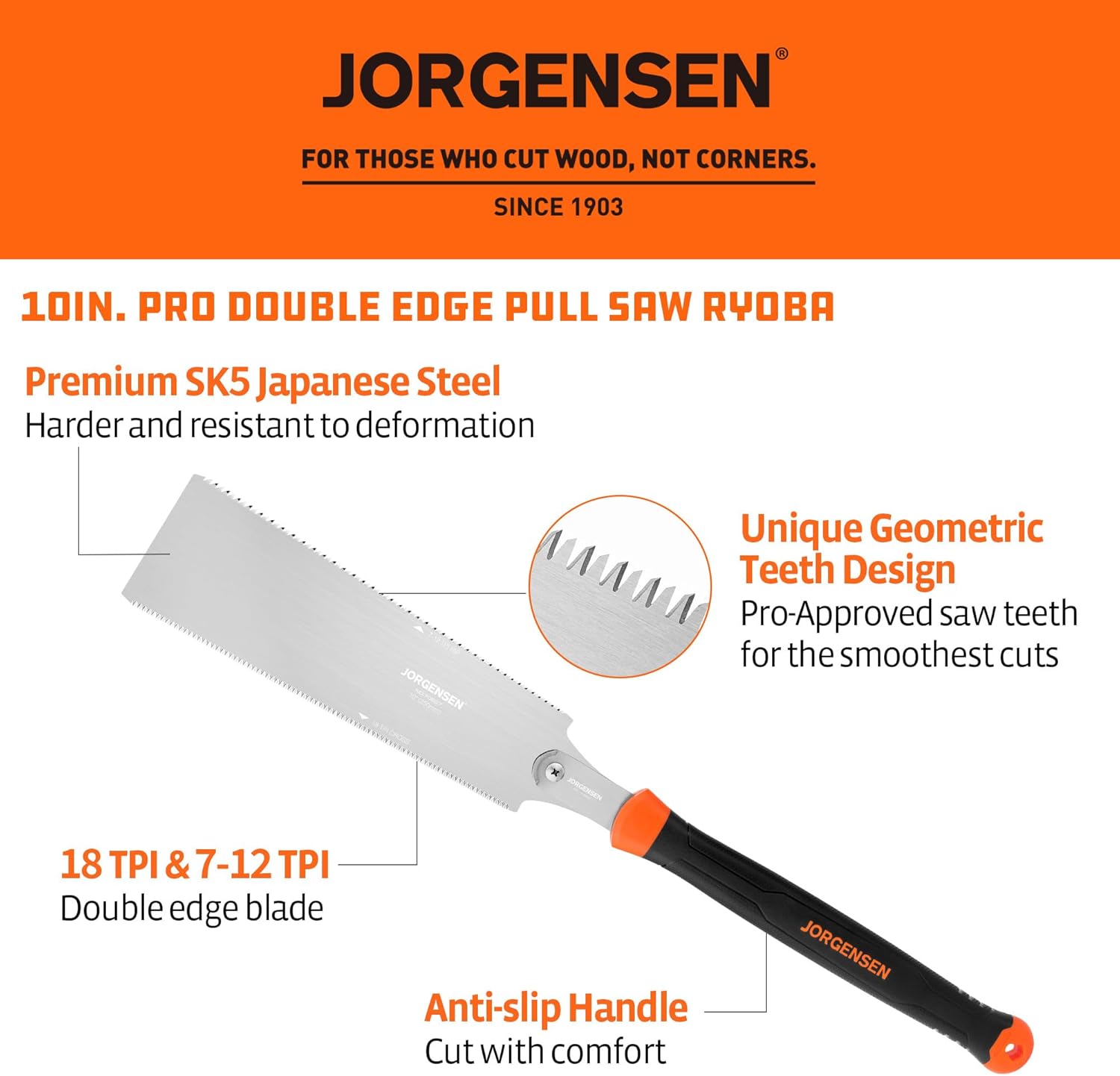 JORGENSEN Japanese Pull Saw, 10 Inch Pro Double Edge Hand Saw - SK5 Flexible Replaceable Blade, 7-12 & 18 TPI Flush Cut Blade, Japanese Handsaw for Hardwood & Softwood Woodworking, Wood Trim