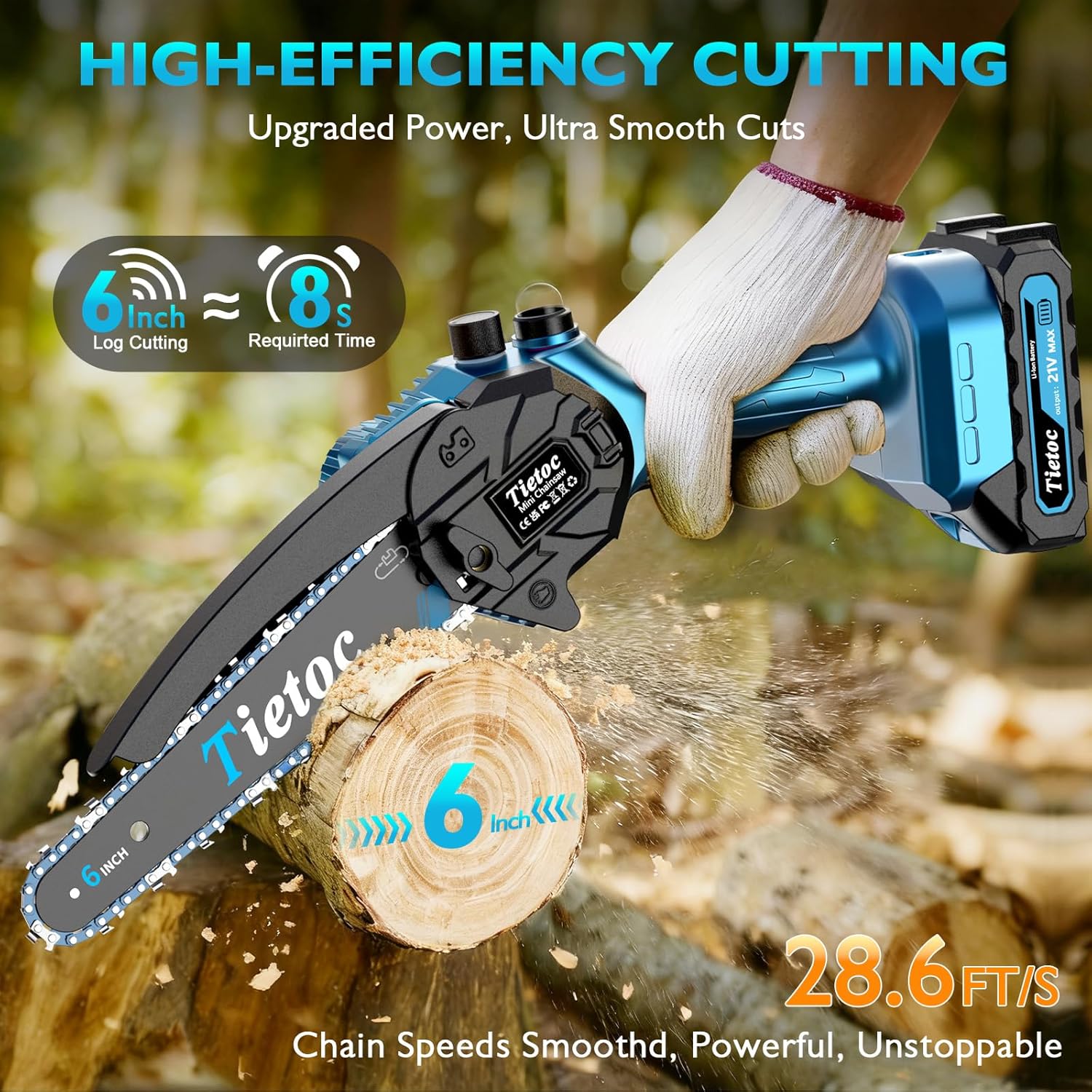 Alternative view of Tietoc Mini Chainsaw, 6 Inch Chain Saw Cordless, 880W Powerful Electric Handheld Chainsaw with Automatic Oiler, with 2 Batteries and 2 Chains, Tree Trimmer Gardening Tools Gift for Men, Father, Dad