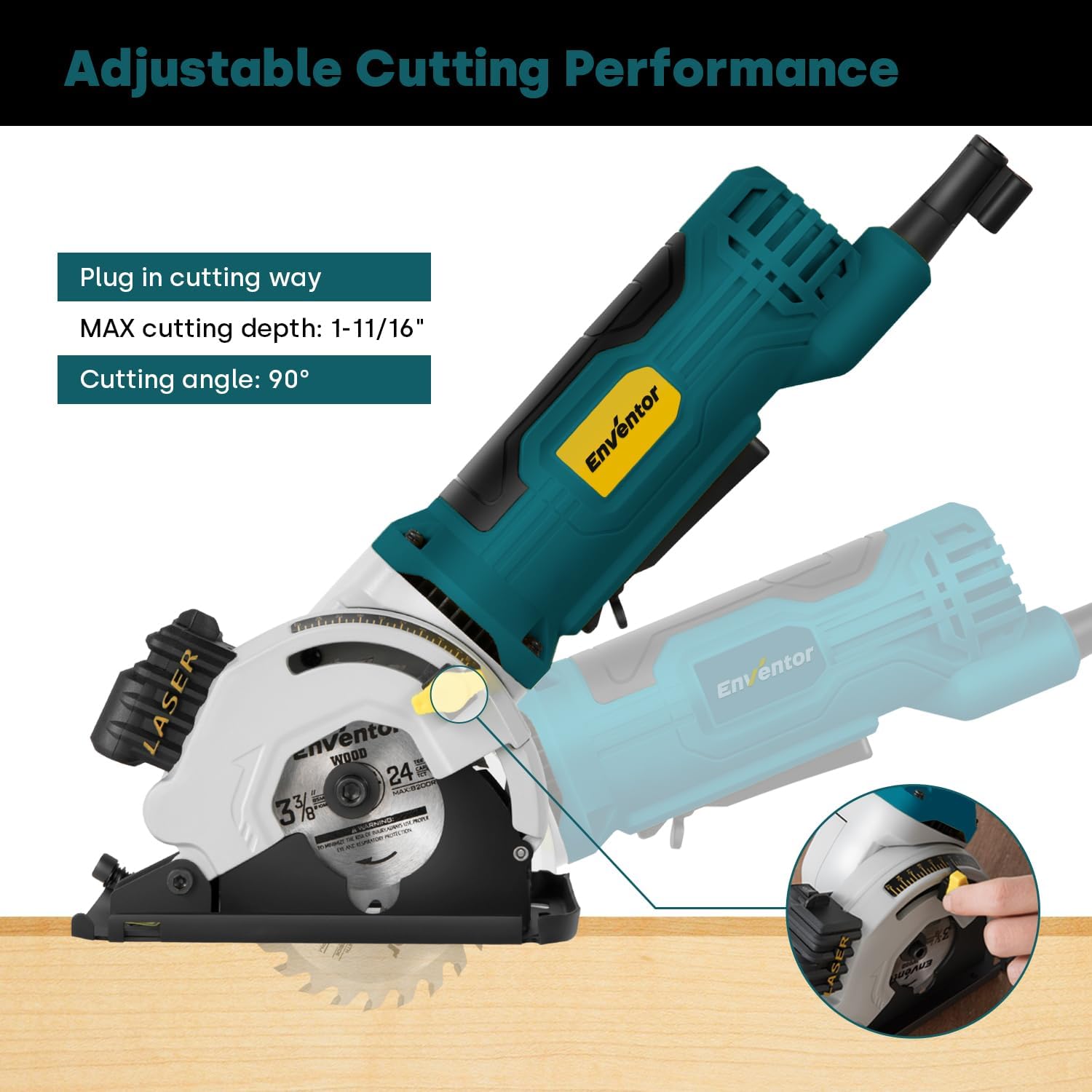 Alternative view of Enventor Mini Circular Saw, 4.8A Electric Circular Saws Corded with Laser Guide, 4000RPM, 3 Saw Blades 3-3/8" Max Cutting Depth 1-1/16", Compact, Power for Wood, Soft Metal, Tile, Plastic