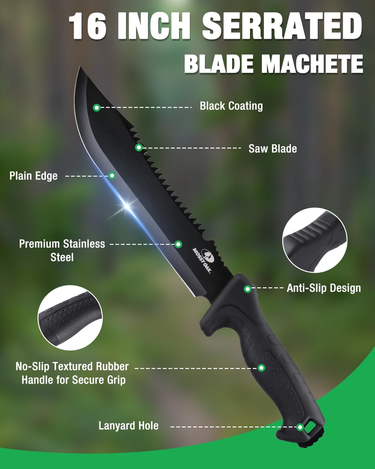 Alternative view of Mossy Oak 16" Heavy Duty Machete with Saw and Sheath, Sharp Dual-Edge Blade, Ergonomic Non-Slip Handle for Bushcraft, Outdoor Hunting, Garden Cutting and Yard Work