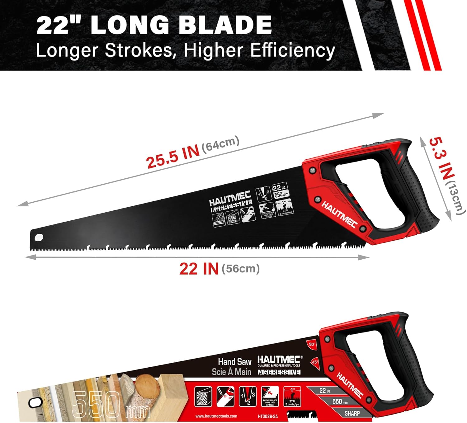 HAUTMEC 22" Aggressive Hand Saw with Chip Removal Design, Heavy-Duty Wood Saw with 9 TPI Triple-Ground Teeth, Rust-Proof Low-Friction Blade & Ergonomic Handle for Labor-Saving & Fast Cutting - HT0026