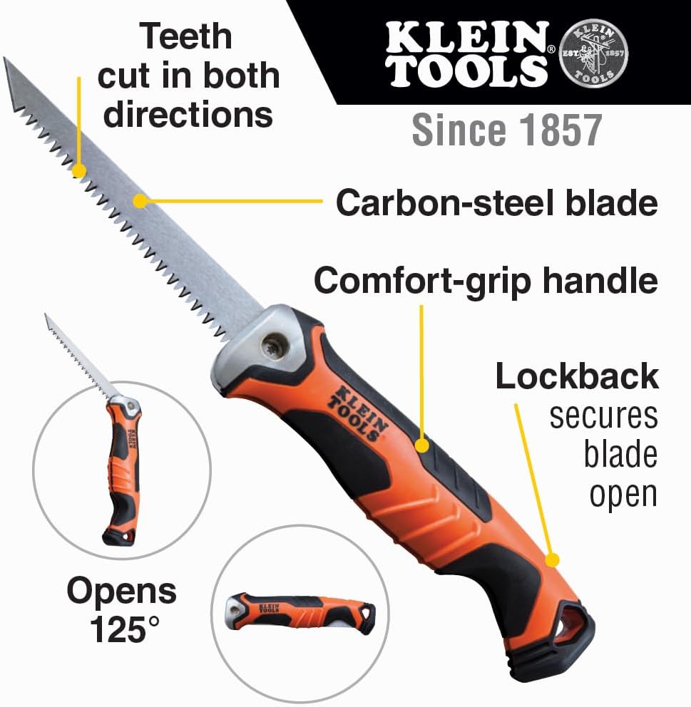 Alternative view of Klein Tools 31737 Folding Jab Saw / Drywall Hand Saw with Lockback at 180 and 125 Degrees and Tether Hole