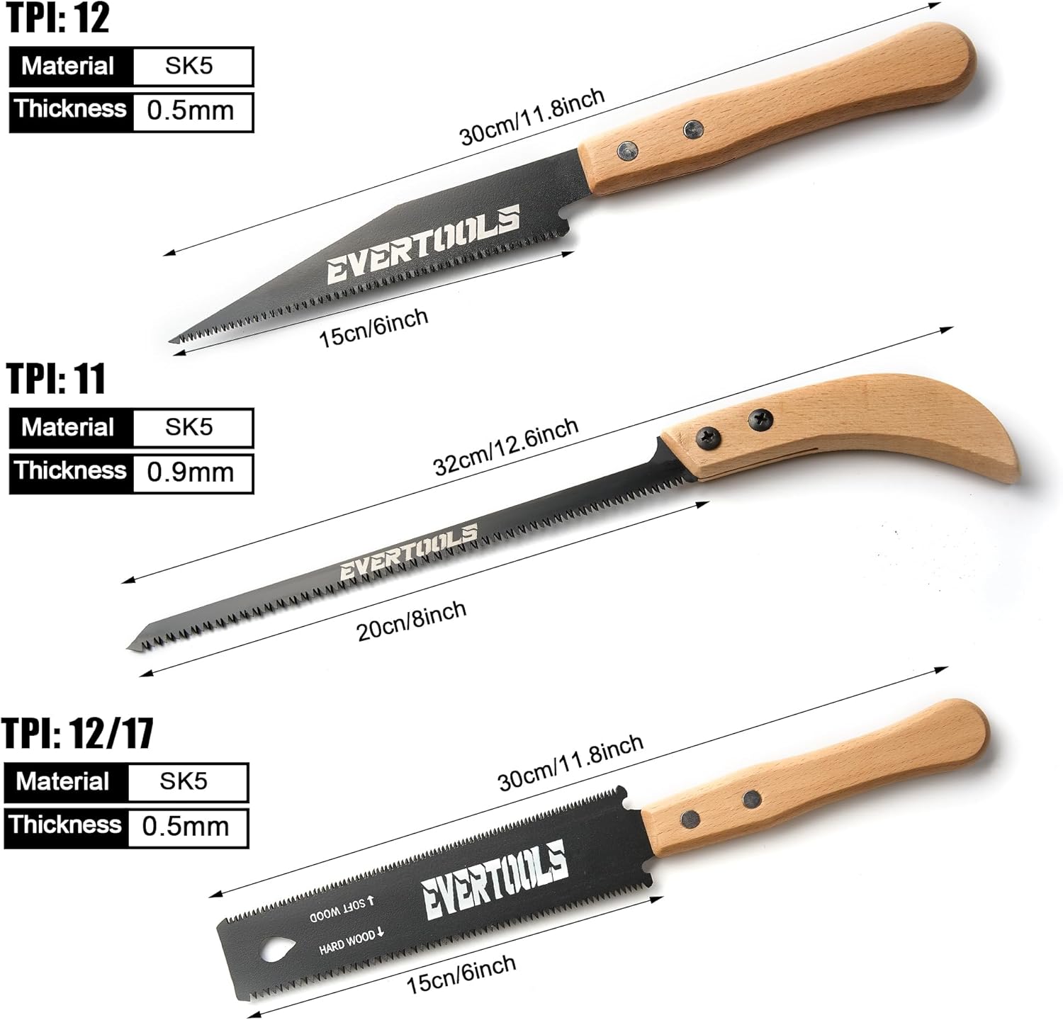 3-Piece Japanese Pull Saw Set - 6" Double Edge & Flush Cut & 11" Pruning Saw | Razor Sharp SK5 Steel | for Woodworking, Carpentry, Garden Trimming