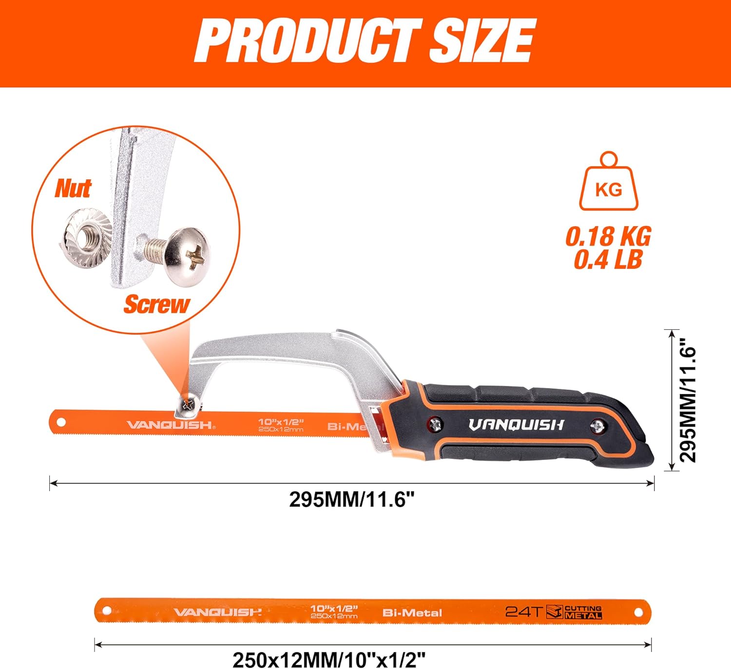 VANQUISH Hacksaw, Compact Hand Operating Hack Saw with 10 Inch Aluminum Frame, Bi-Metal HSS Blades, Suitable for Wood and Metal Mini Hacksaw 4851