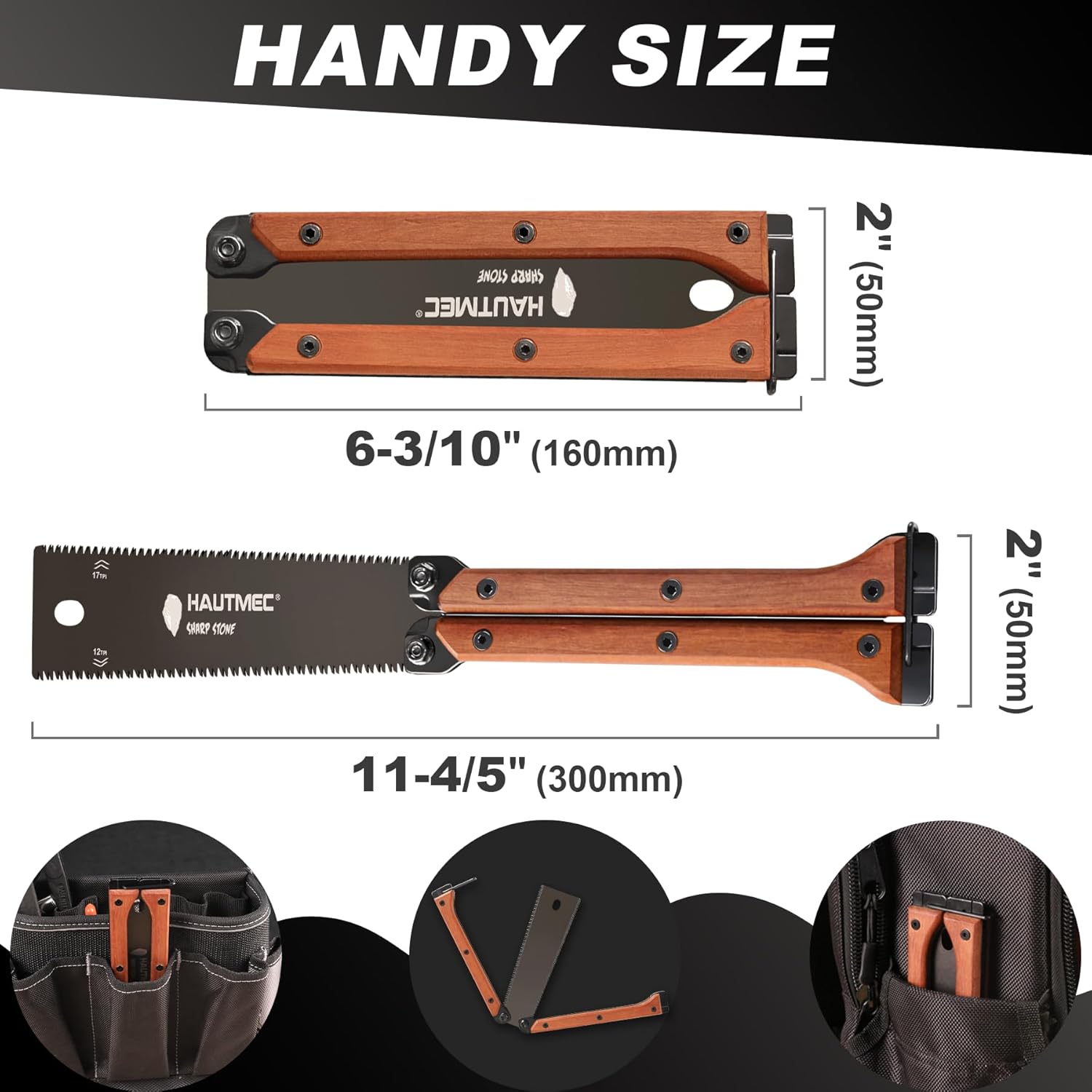 HAUTMEC Folding Japanese Pull Saw, 6-Inch Double-Edged Hand Saw with SK5 Blade (12/17 TPI), Beech Wood Handle & Storage Pouch – Compact Flush Cut Handsaw for Woodworking & Precision Cuts – HT0446