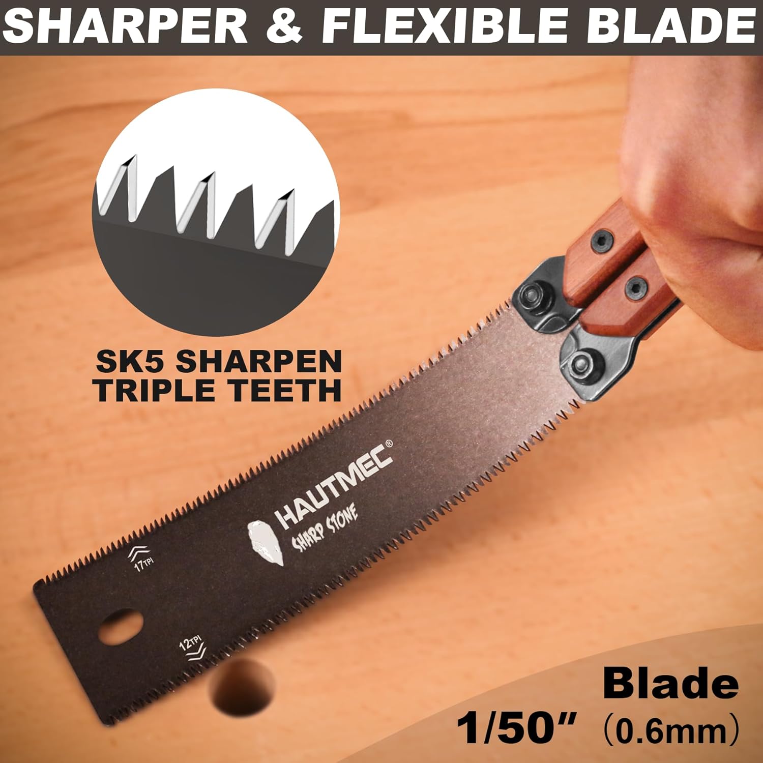 Alternative view of HAUTMEC Folding Japanese Pull Saw, 6-Inch Double-Edged Hand Saw with SK5 Blade (12/17 TPI), Beech Wood Handle & Storage Pouch – Compact Flush Cut Handsaw for Woodworking & Precision Cuts – HT0446