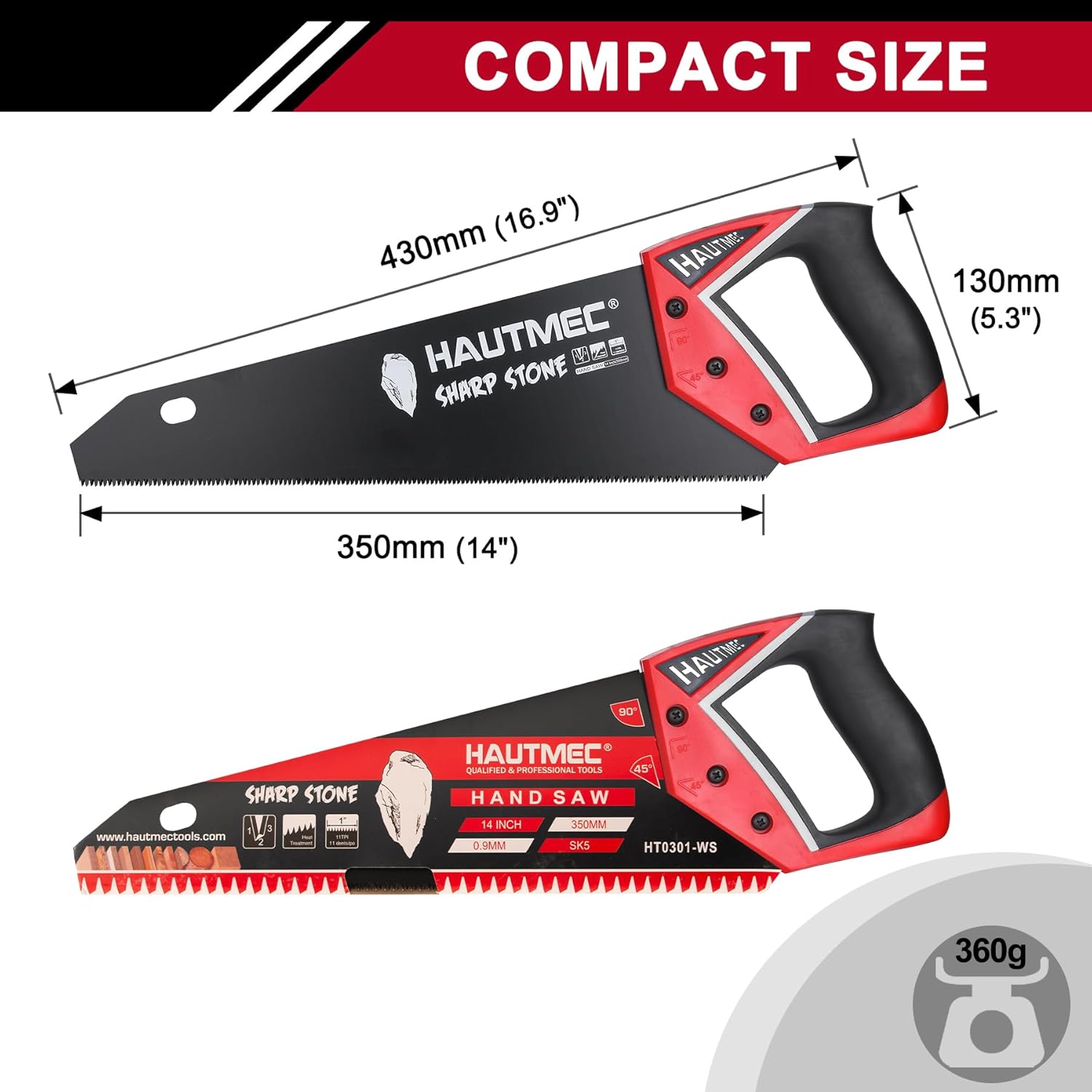 HAUTMEC 14" Expert Hand Saw for Accurate, Clean & Labor-Saving Cutting, 11 TPI Fine-Cut Handsaw with SK5 Rust-Resistant Blade, Triple Ground Teeth, Ergonomic Non-Slip Handle for Wood, PVC – HT0301