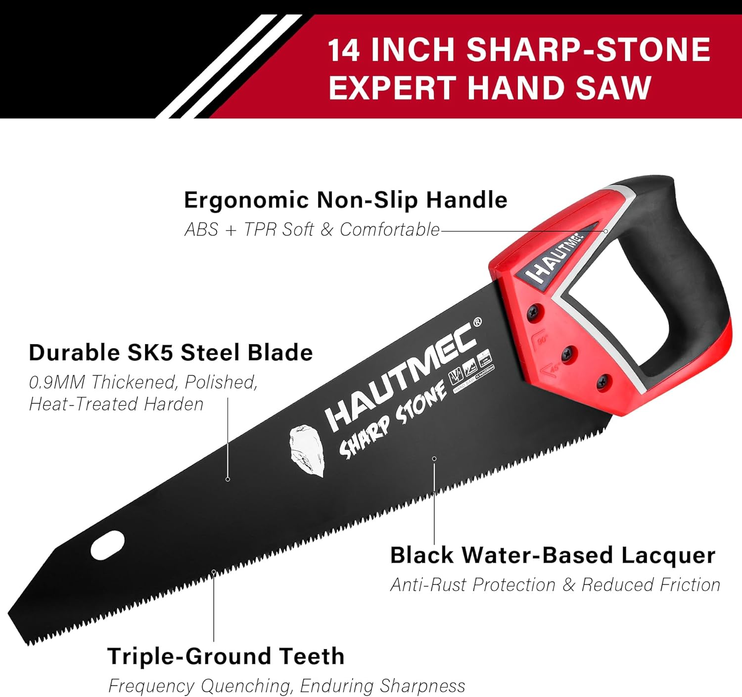 Alternative view of HAUTMEC 14" Expert Hand Saw for Accurate, Clean & Labor-Saving Cutting, 11 TPI Fine-Cut Handsaw with SK5 Rust-Resistant Blade, Triple Ground Teeth, Ergonomic Non-Slip Handle for Wood, PVC – HT0301