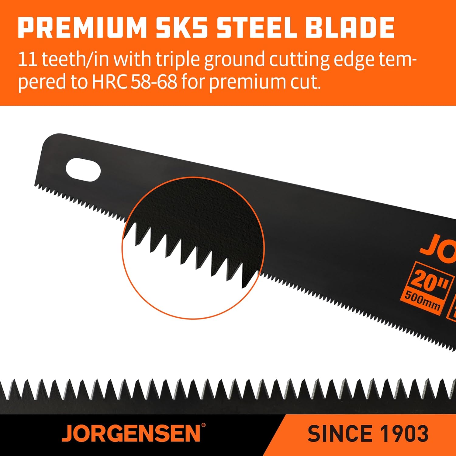 JORGENSEN 20 Inch Black Coated Pro Hand Saw, 11 TPI Fine-Cut Ergonomic Non-Slip Aluminum Ultrasonic Welding Handle for Sawing, Trimming, Gardening, Woodworking, Drywall, Plastic Pipes