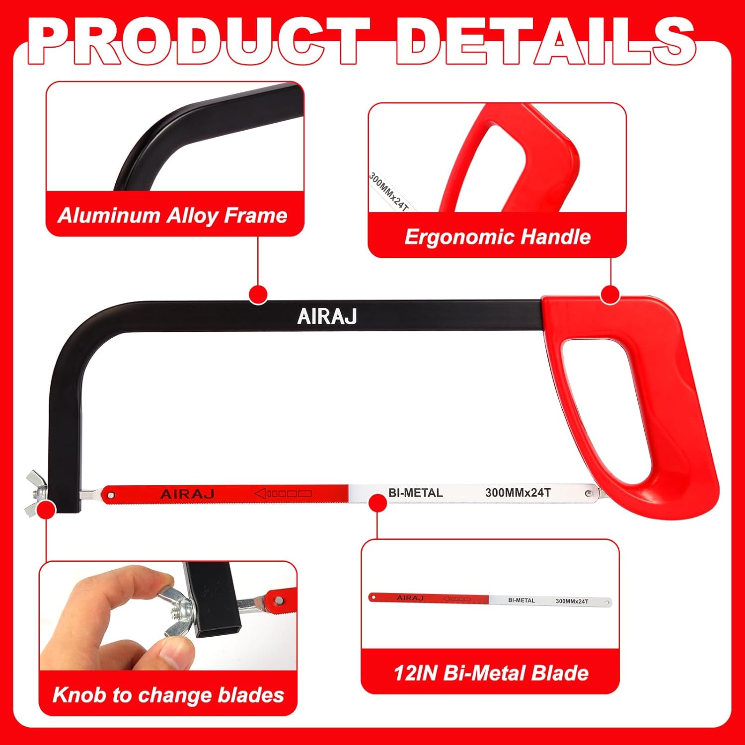 Alternative view of AIRAJ 12 In High-Tension Hacksaw with 24 TPI Bi-Metal Blade,Hand Saw Suitable for Metal, Wood, PVC