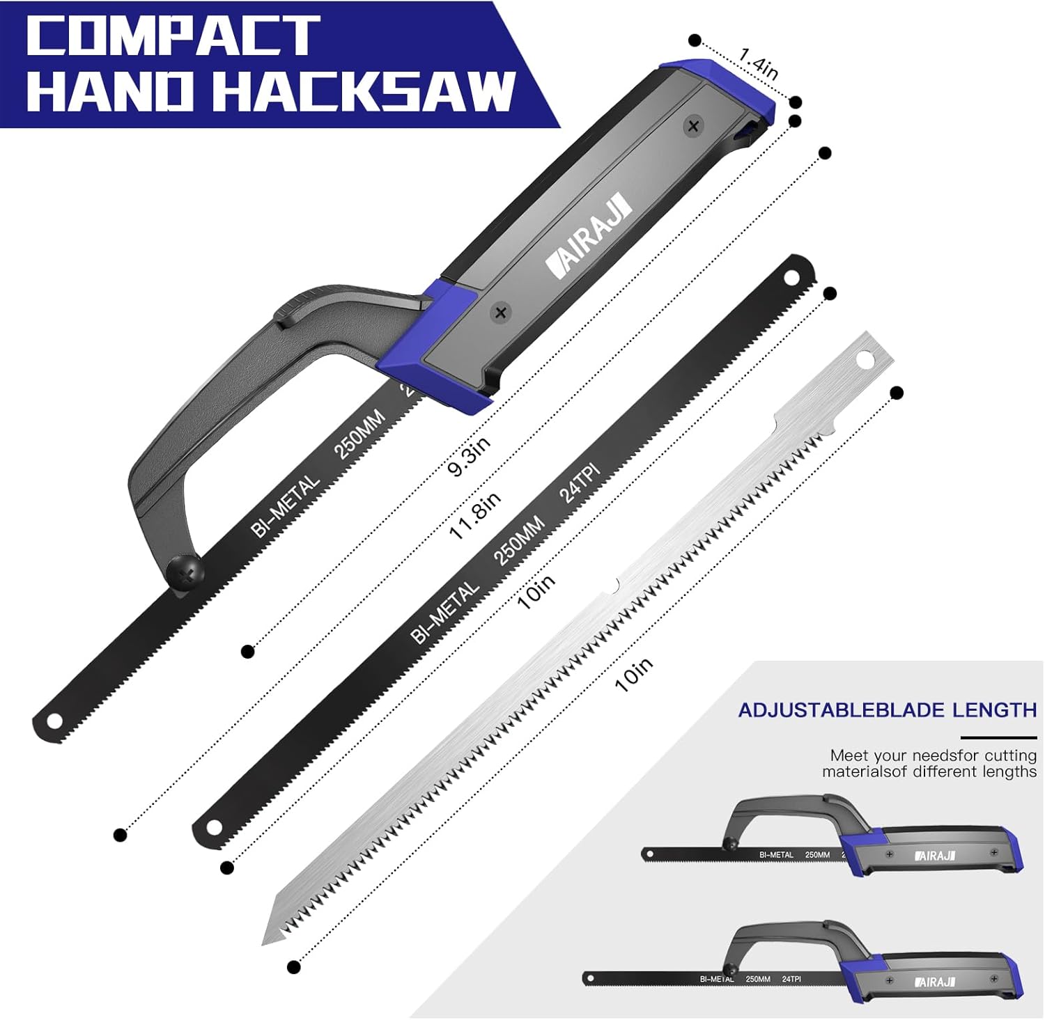 AIRAJ Mini Metal Hacksaw,Small Handsaw for Metal,with 5 HSS Saw Blade(4 Flexible Bi-Metal & 1 Wood Blade),Hand Saw for Precision Cutting Wood,PVC,Soft Rubber Handle