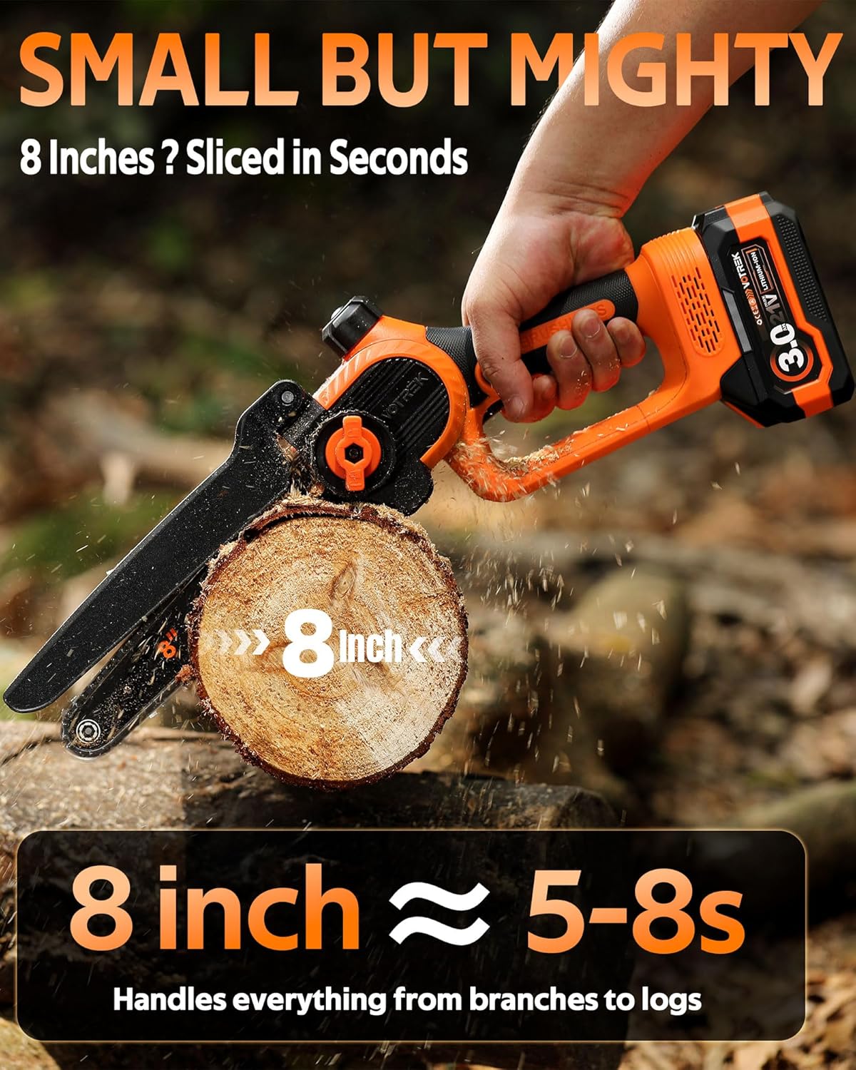 Alternative view of VOTREK 8-INCH Mini Chainsaw Cordless, [3.0AH] Battery Powered Electric Chain Saw, Handheld Small Hand Saw for Wood Cutting Tree Trimming Branch Cutter [Auto Oiler] [Tool-Free Tensioner] [Brushless]
