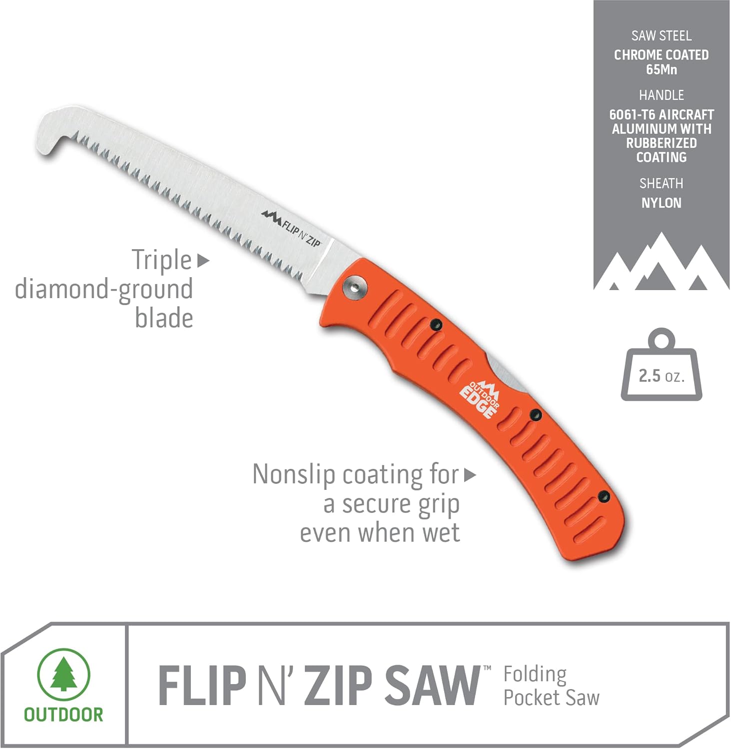 Alternative view of Outdoor Edge 4.5" Flip N' Zip Saw - Lightweight Folding Aluminum Handle Outdoor-Hunting Saw with 65Mn Spring Steel Blade and Triple Ground Teeth for Bone and Wood with Nylon Sheath