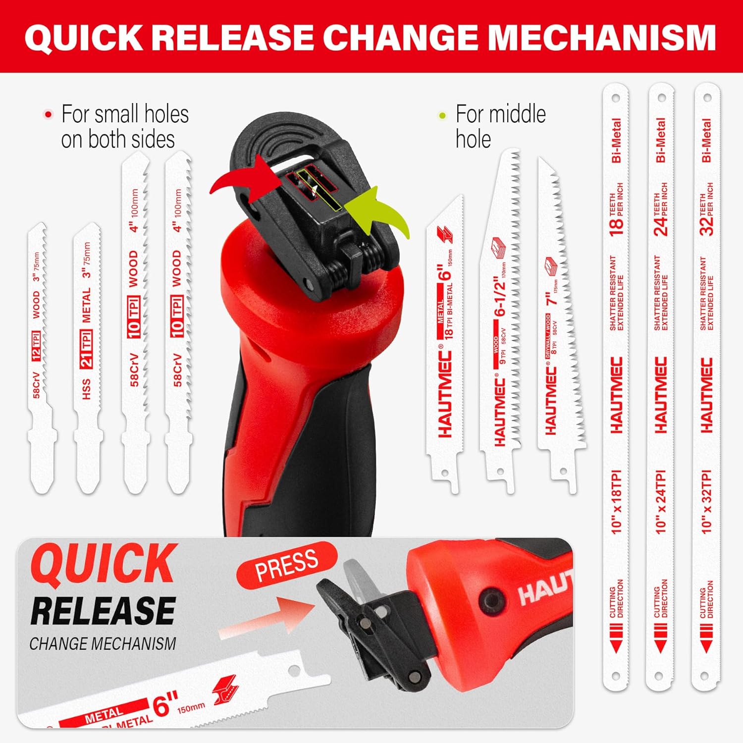 HAUTMEC 10-In-1 Multi Blades Hand Saw with Quick-Release Change Mechanism and Pro HSS/Cr-V/Bi-Metal Blades, Compact Hacksaw, Jab Saw, Versatile Handsaw for Wood, Metal, Plastic, Drywall – HTHSH25032