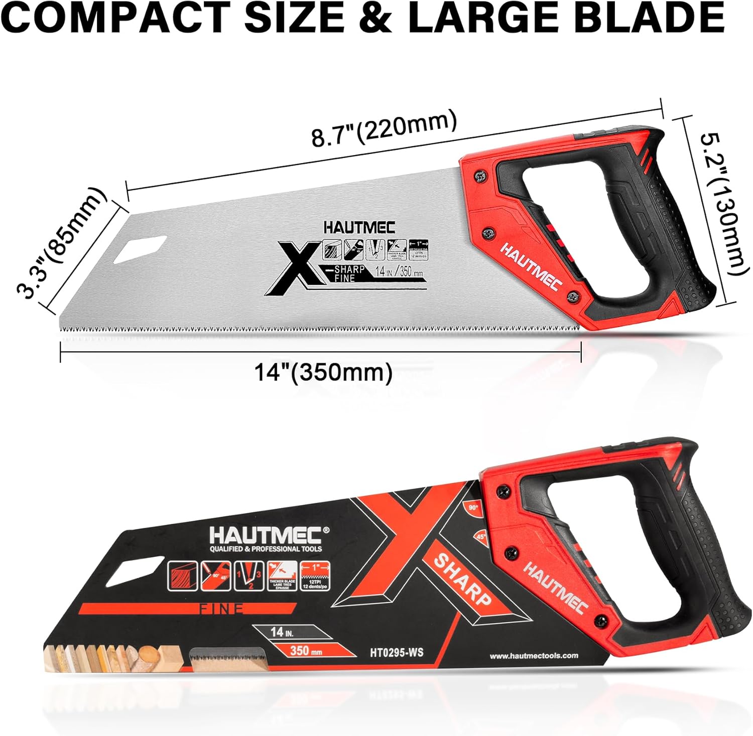 Alternative view of HAUTMEC 14" X-Sharp Compact Hand Saw for Cuts Comfort, Quality and Accuracy, Fine-Cut Handsaw with 12 TPI Triple-Ground Teeth and 1mm Thickened Large Blade, Bi-Material Ergonomic Handle u2013 HT0295