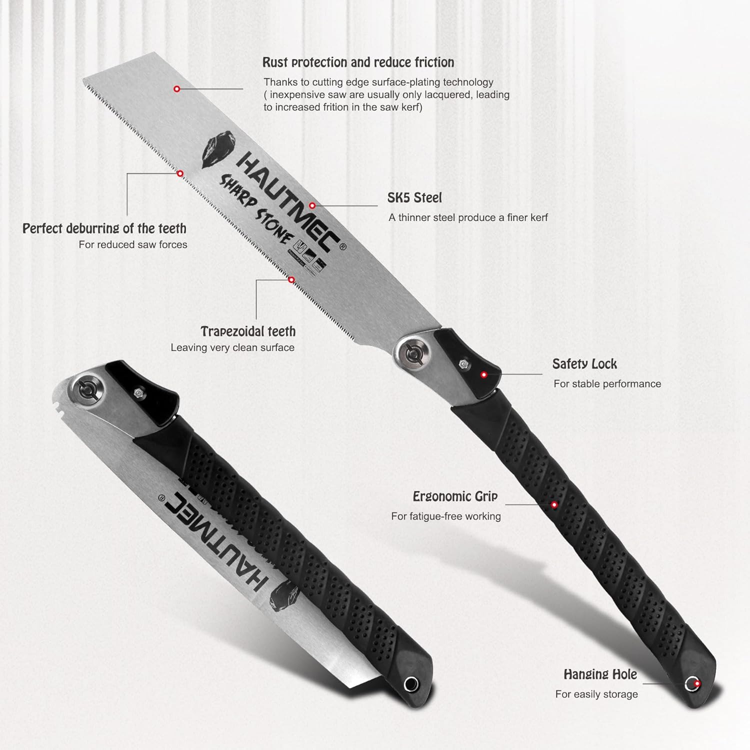 HAUTMEC Folding Japanese Pull Saw for Woodworking, 9-Inch Flush Cut Hand Saw with SK5 Steel Blade, 17 TPI Trapezoid Fine Tooth – HT0312