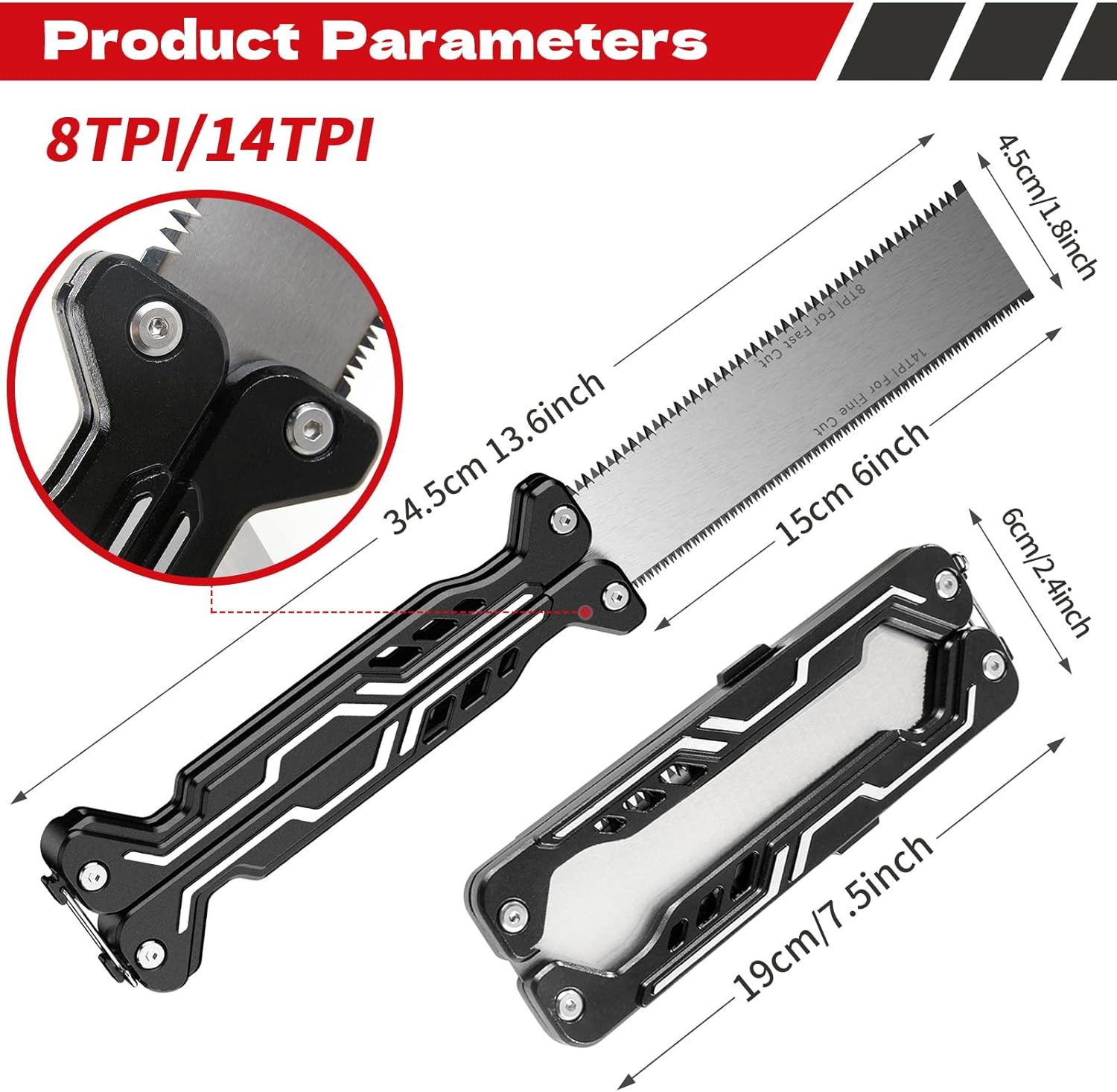 2-Sided Japanese Pull Saw, 8/14 TPI Folding Hand Saw with Heat-Treated SK5 Blade & Aluminum Handle, Professional Woodworking Tool for Versatile Cuts