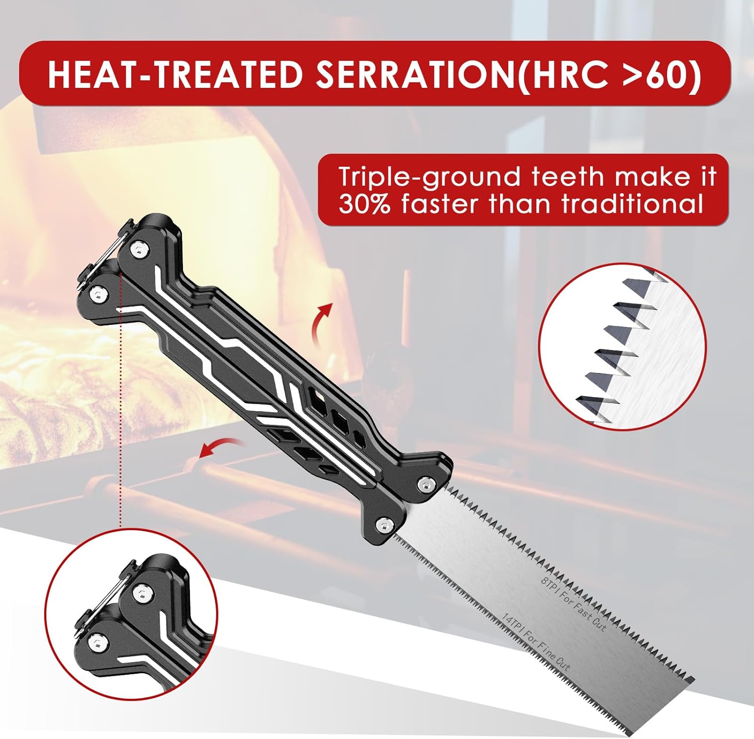 Alternative view of 2-Sided Japanese Pull Saw, 8/14 TPI Folding Hand Saw with Heat-Treated SK5 Blade & Aluminum Handle, Professional Woodworking Tool for Versatile Cuts