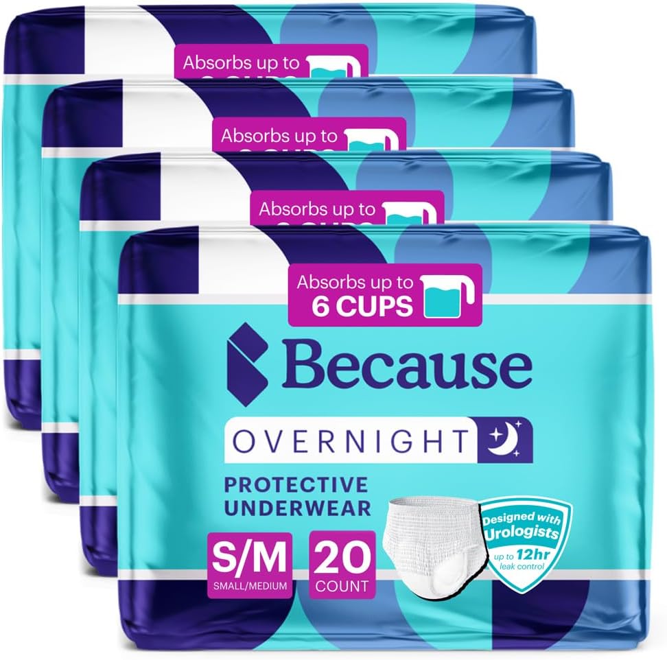 Because Overnight Absorbency Pull Ups - Adult Disposable Incontinence Underwear, Extra Absorbent Nighttime Briefs for Men and Women, White, Small/Medium, 80 Count (4 Packs of 20)