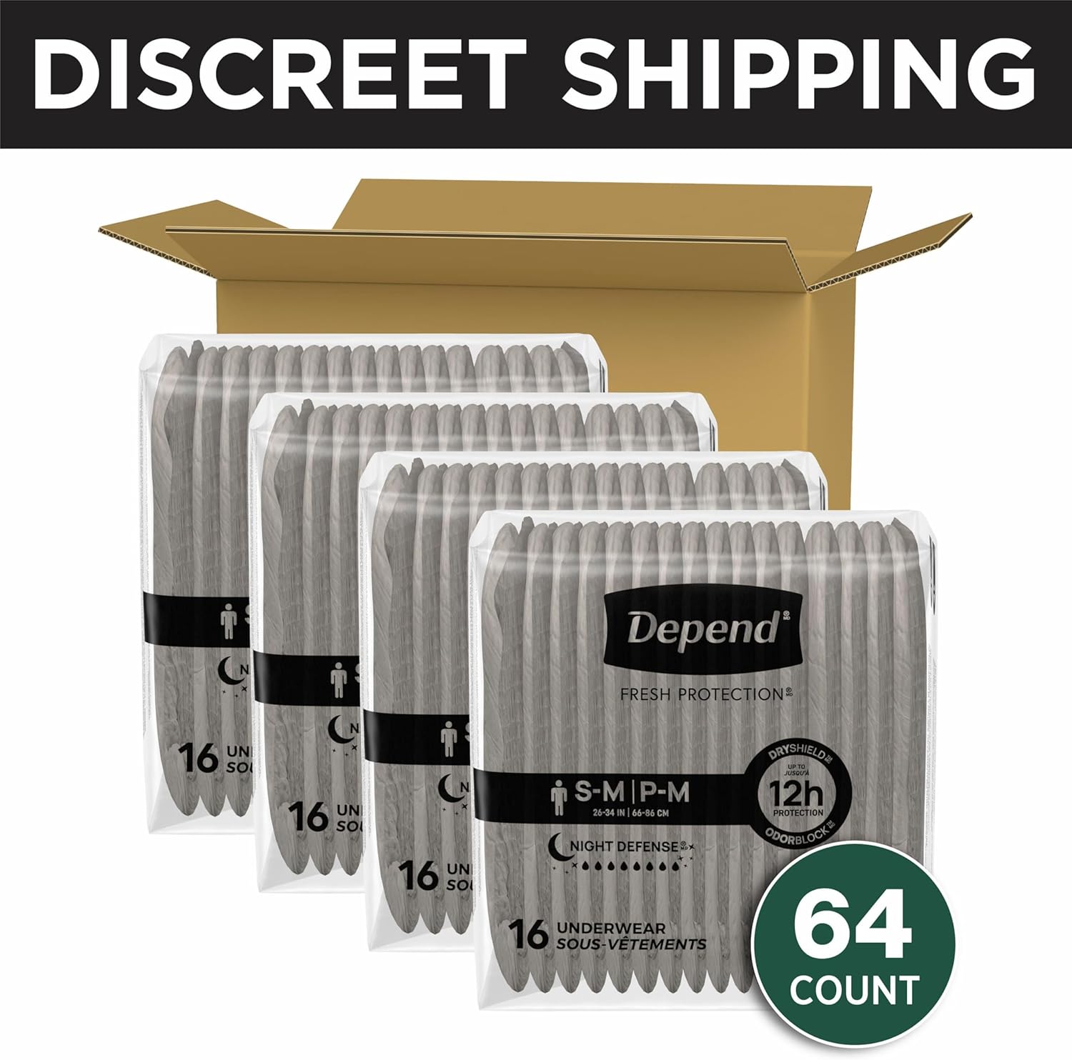 Depend Night Defense Adult Diapers, Incontinence Underwear for Men, Disposable, Overnight, Small/Medium, Grey, 64 Count (4 Packs of 16), Packaging May Vary