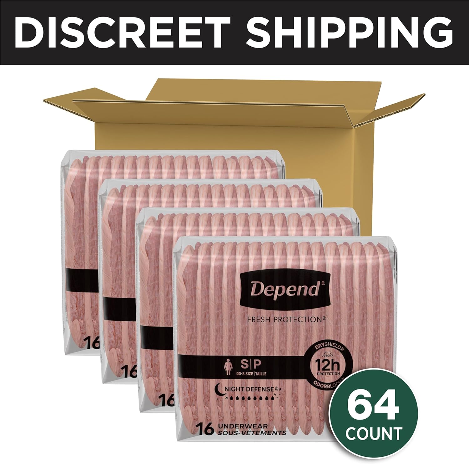Depend Night Defense Adult Diapers, Incontinence & Postpartum Bladder Leak Underwear for Women, Disposable, Overnight, Small, Blush, 64 Count (4 Packs of 16), Packaging May Vary