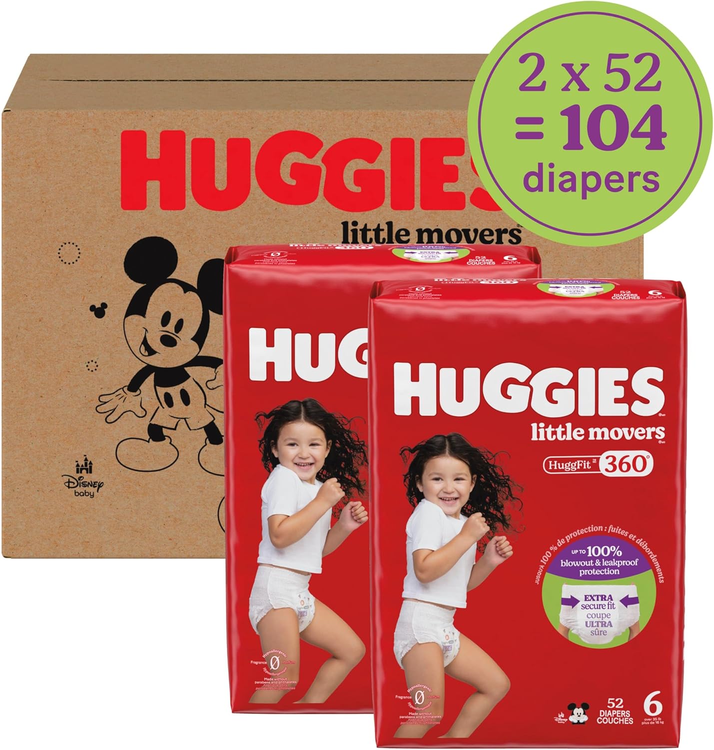 Huggies Size 6 Baby Diapers, Little Movers HuggFit 360° Baby Diapers with 360° Waistband, Size 6 (35+ lbs), 104 Count (2 Packs of 52), Packaging May Vary