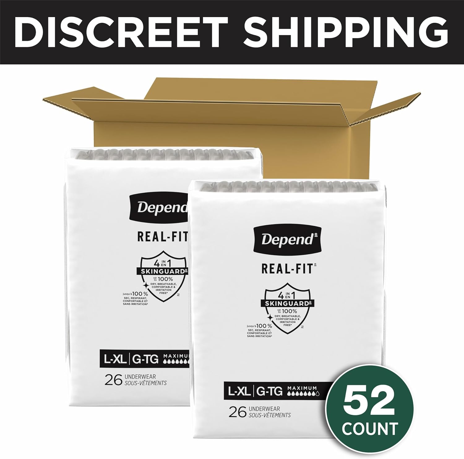 Depend Real Fit Adult Diapers, Incontinence Underwear for Men, Disposable, Maximum Absorbency, Large/Extra Large, 52 Count (2 Packs of 26), Packaging May Vary