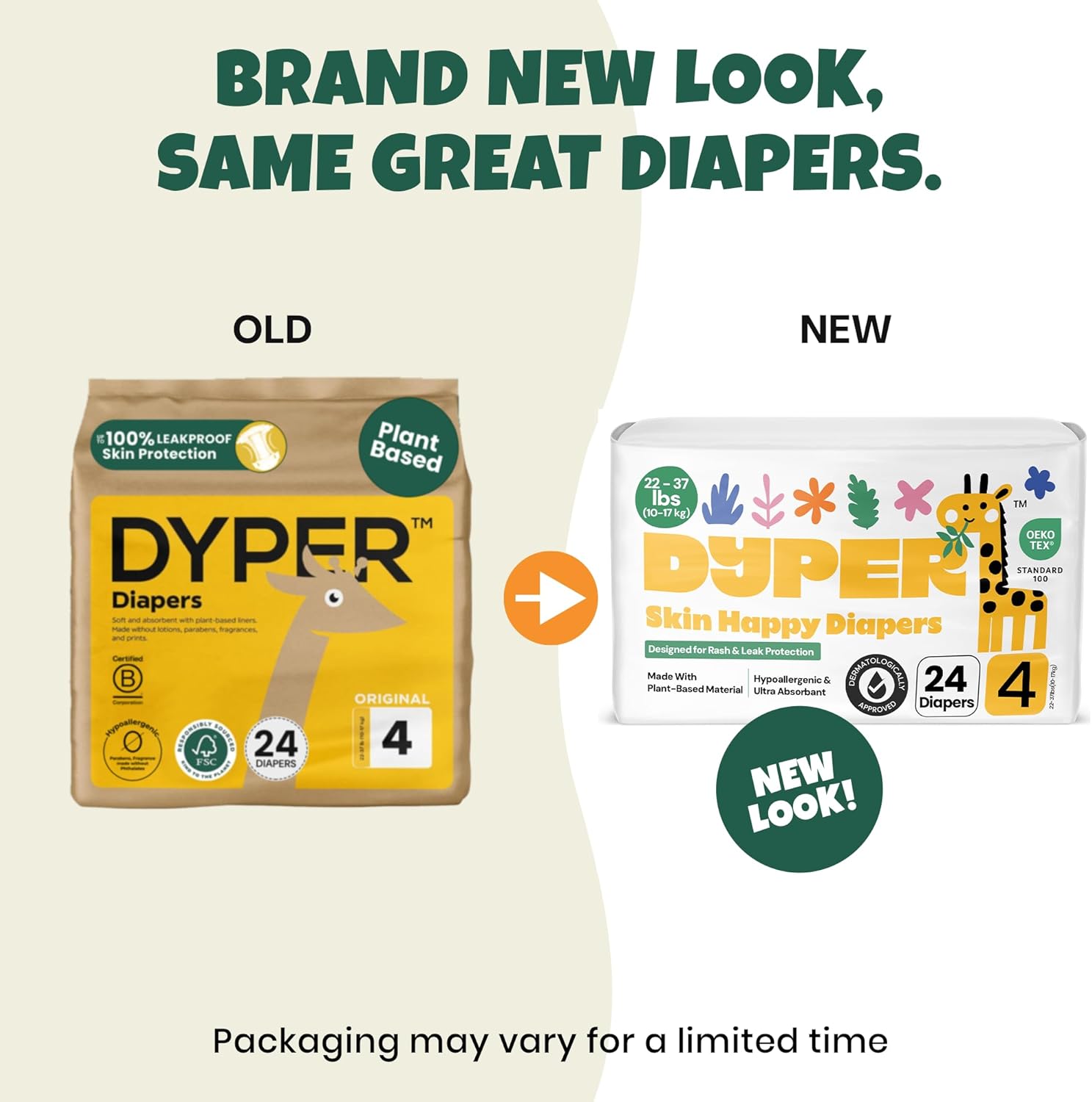 DYPER Baby Diapers Size 4 (24 Count) u2013 Plant-Based, Hypoallergenic, Fragrance-Free & Ultra Absorbent Disposable Diapers for Day and Overnight Skin Protection, Single Pack Size 4 Diapers