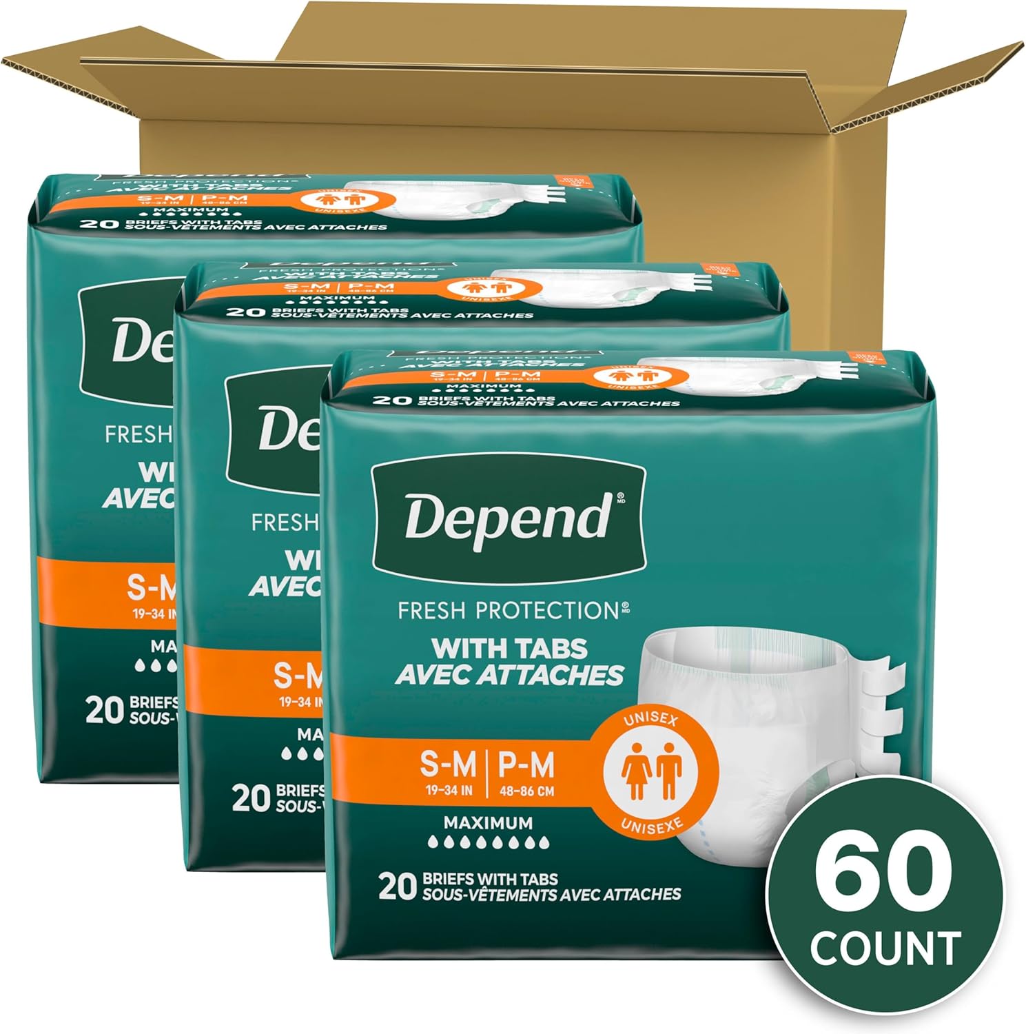 Depend Adult Diapers with Tabs, Incontinence Protection with Tabs, Unisex, Small/Medium (19u201334" Waist, Up To 170 lbs), Maximum Absorbency, 60 Count (3 Packs of 20)