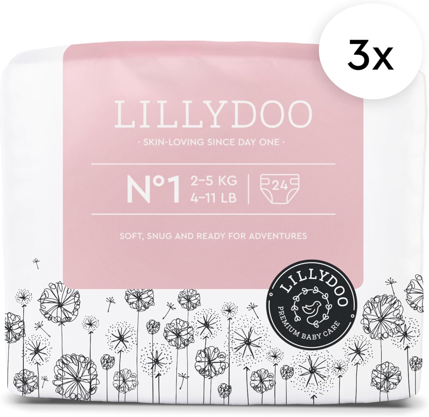 LILLYDOO Baby Diapers - Size 1 (4-11 lbs), Half-Monthly Supply (72 Count), Leak Protection, Skin-Friendly, Ultrasoft, Perfume- & Chlorine-Free, Hypoallergenic, Dermatologist Tested, Oeko-TEX®