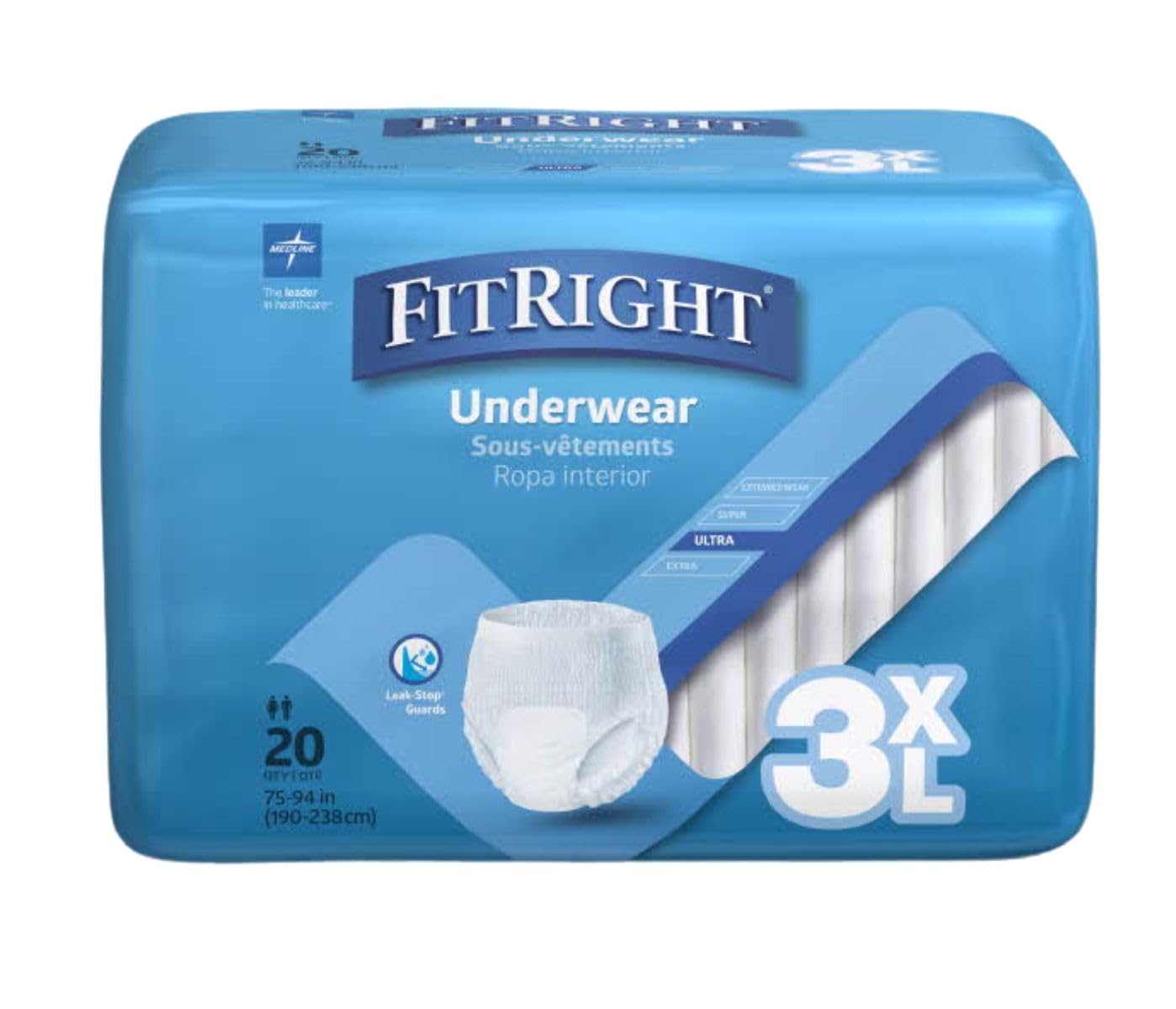 Medline FitRight Adult Incontinence Underwear, Heavy Absorbency, 3X-Large, 75"-94" Waist (20 Count, 4 Pack)