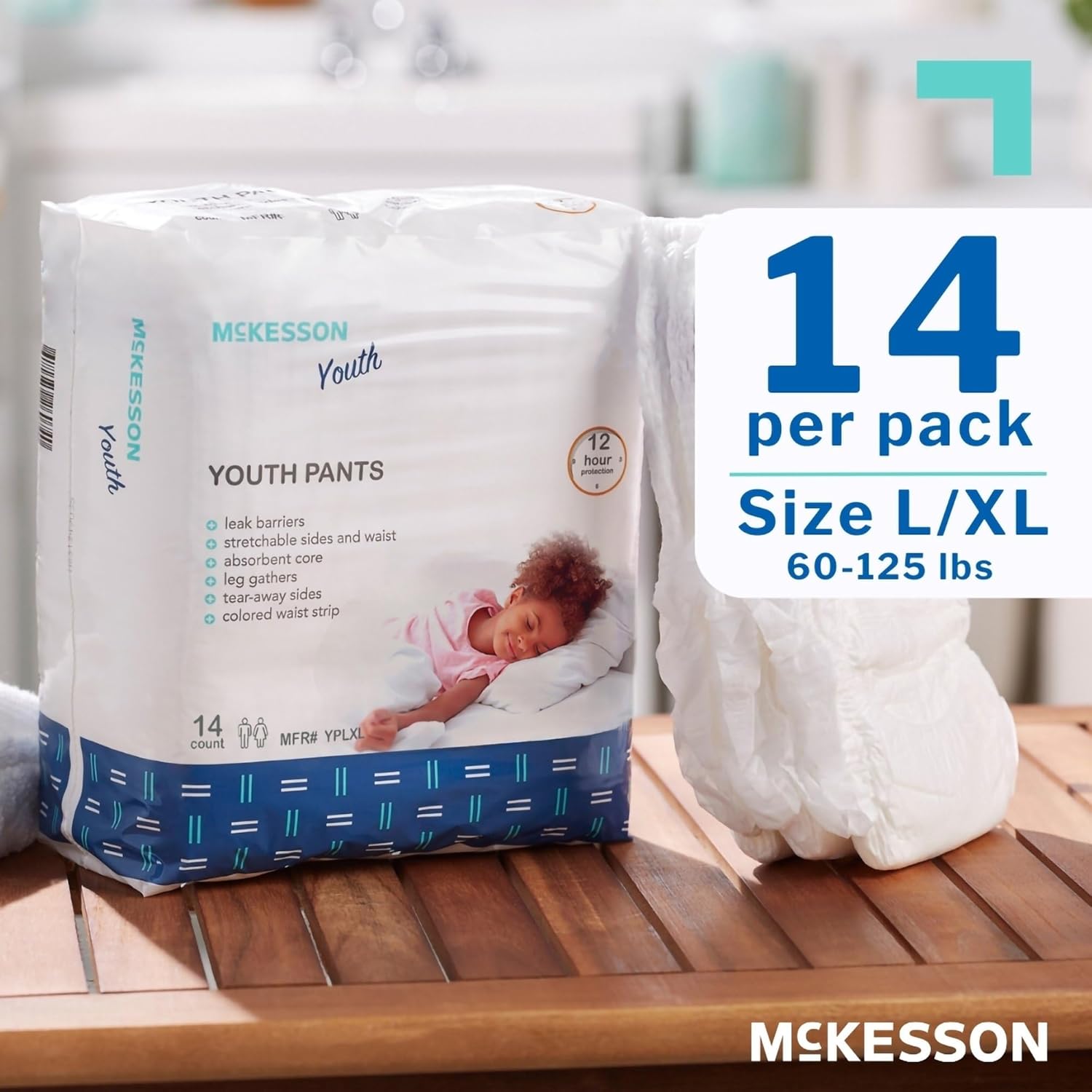 McKesson Youth Training Pants, [14 Count], Overnight Disposable Pull Up Diapers, L/XL, 60-125 lbs, Absorbent 12 Hour Leak Protection with Leg Gathers and Tear-Away Sides, for Boys or Girls, Pediatric