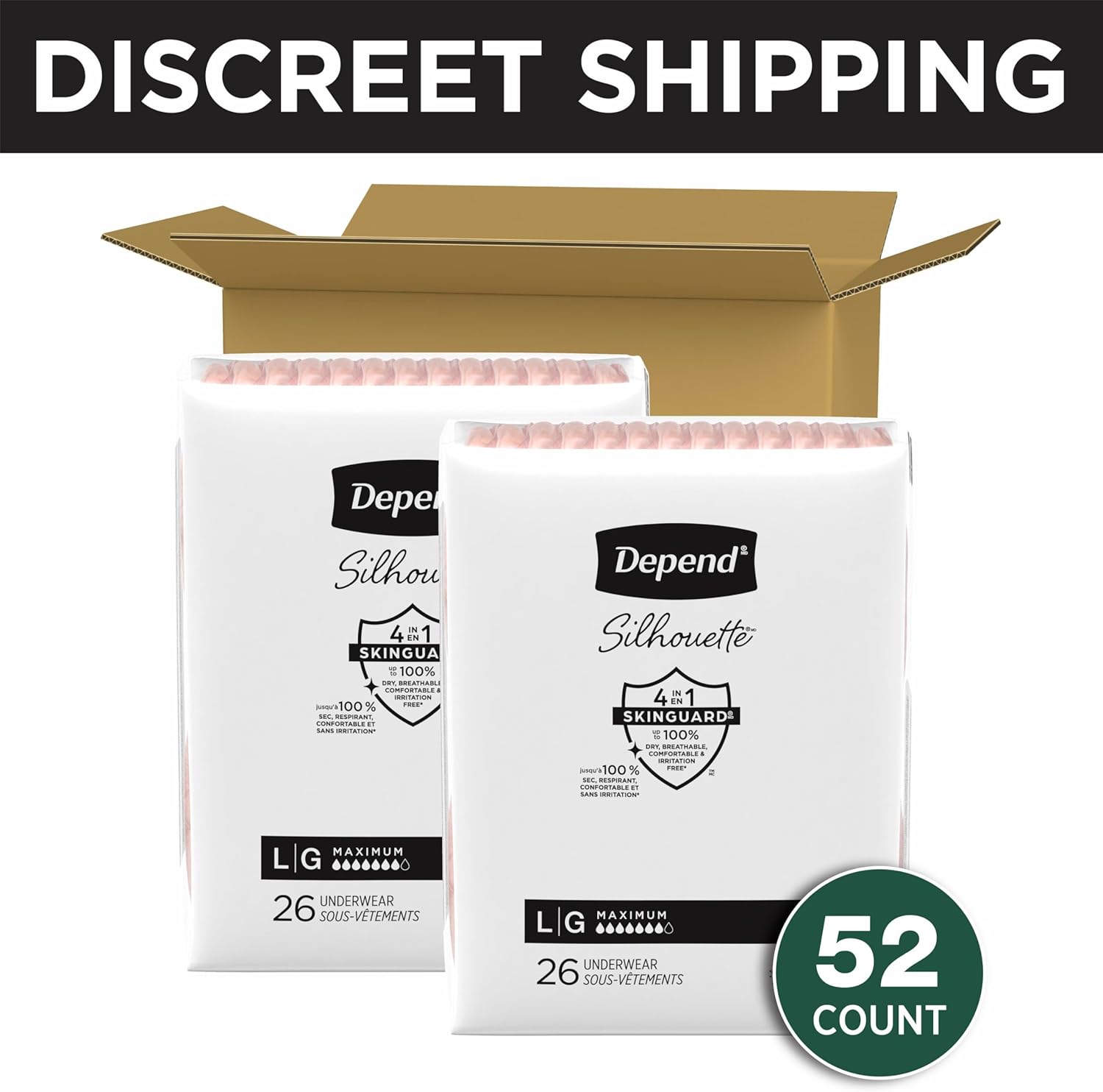 Depend Silhouette Adult Diapers, Incontinence & Postpartum Bladder Leak Underwear for Women, Maximum Absorbency, Large, Pink, 52 Count (2 Packs of 26), Packaging May Vary